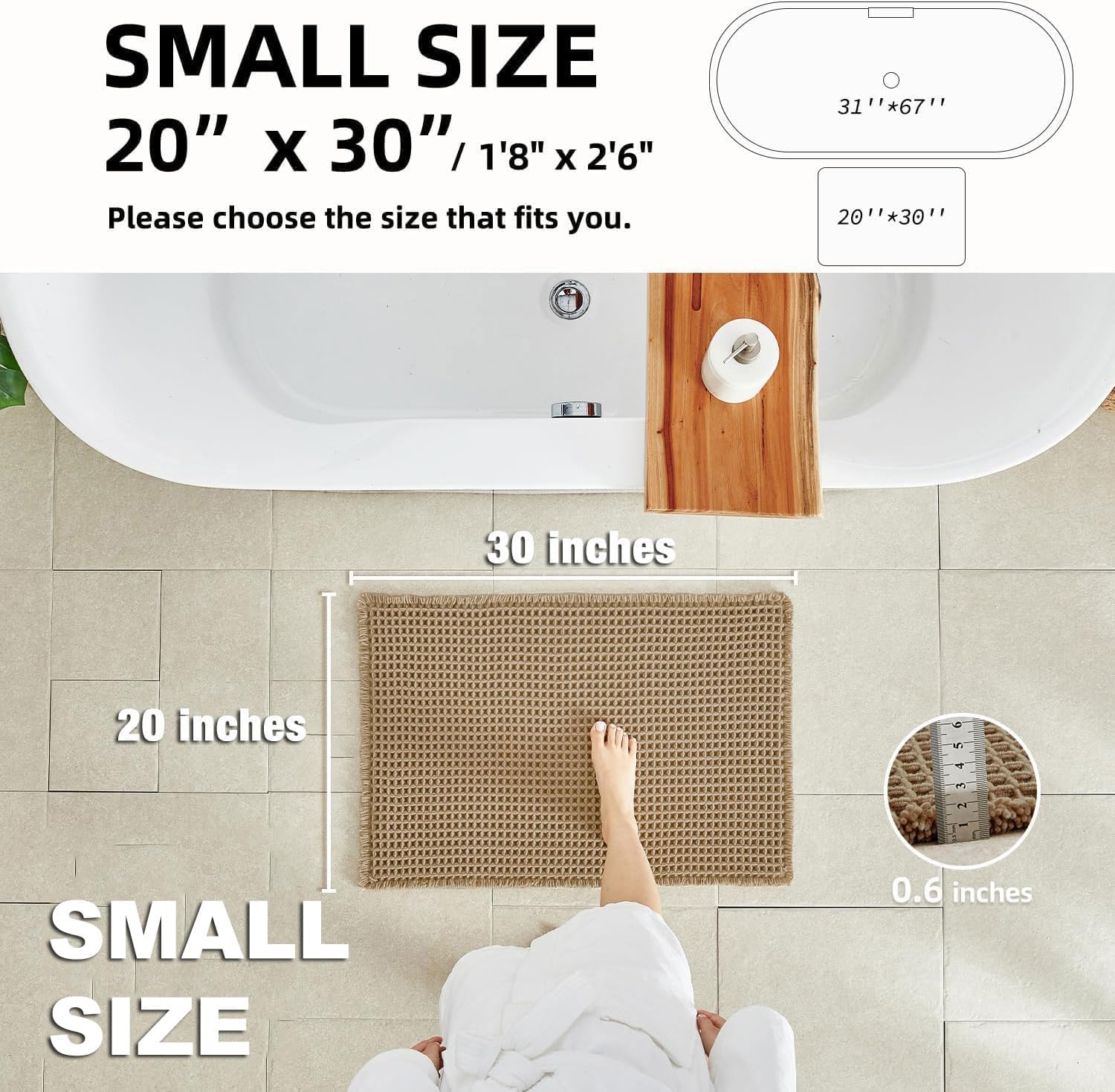 TYUU Waffle Bath Mat, Boho Bathroom Rugs Non Slip Washable Super Absorbent Quick Dry Farmhouse Bathroom Decor, 30"x20" Khaki