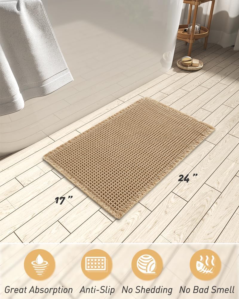 AMOAMI Upgraded Waffle Bath Mat, Super Absorbent Non Slip Bath Mats for Bathroom Floor, Machine Washable Bathroom Rugs with Tassels, Rubber Backed Bathroom Mats, Ultra Soft, 17" x 24", Brown