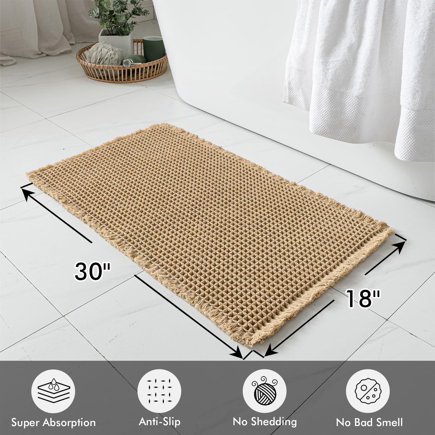 MIULEE Set of 2 Waffle Bathroom Rugs, Boho Bath Rugs Non Slip Washable, Super Absorbent Bath Mats, Ultra Soft Rubber Backed Shower Mats for Bathroom Floor, Tub and Shower, Brown, 18x30 Inch