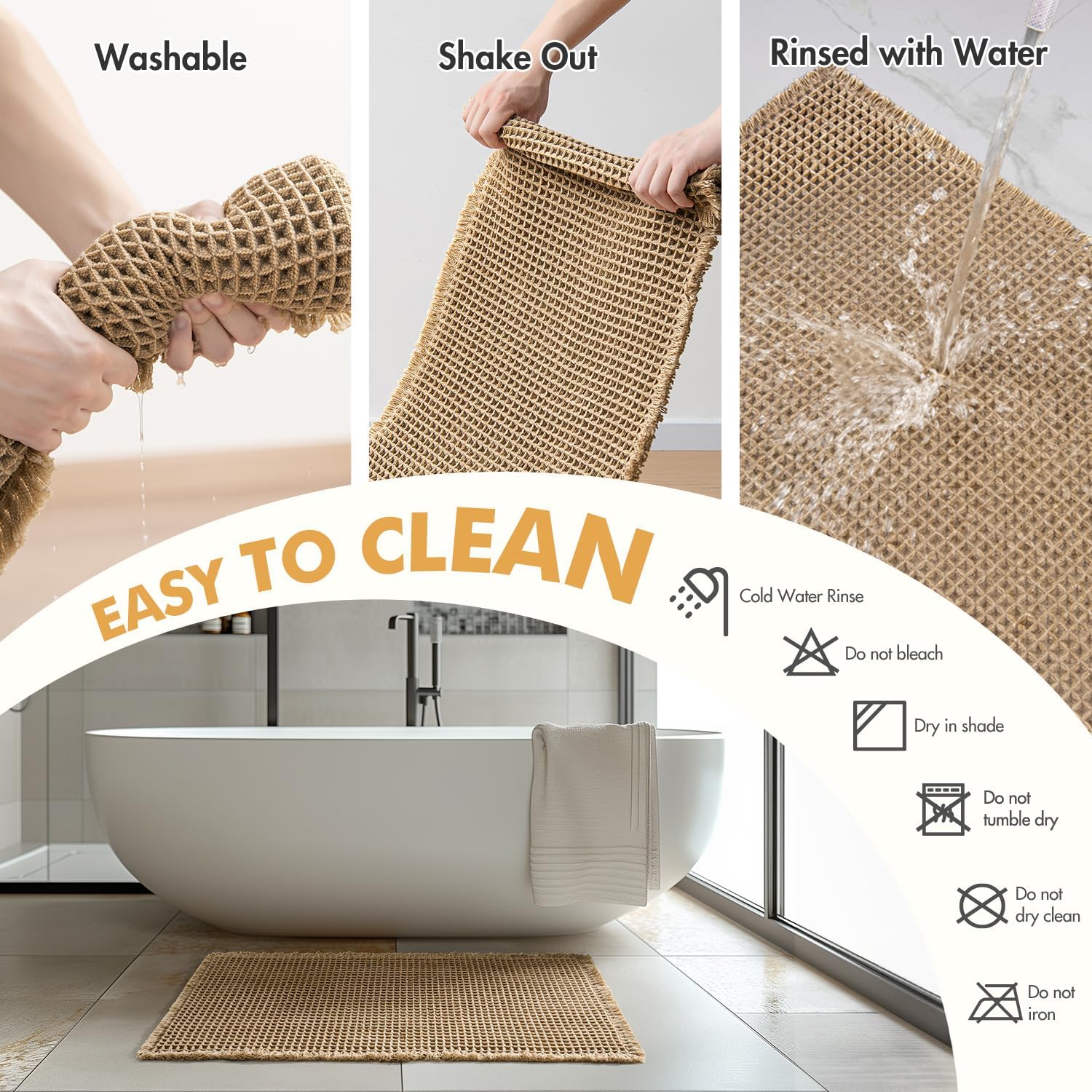 MIULEE Set of 2 Waffle Bathroom Rugs, Boho Bath Rugs Non Slip Washable, Super Absorbent Bath Mats, Ultra Soft Rubber Backed Shower Mats for Bathroom Floor, Tub and Shower, Brown, 18x30 Inch - Image 5