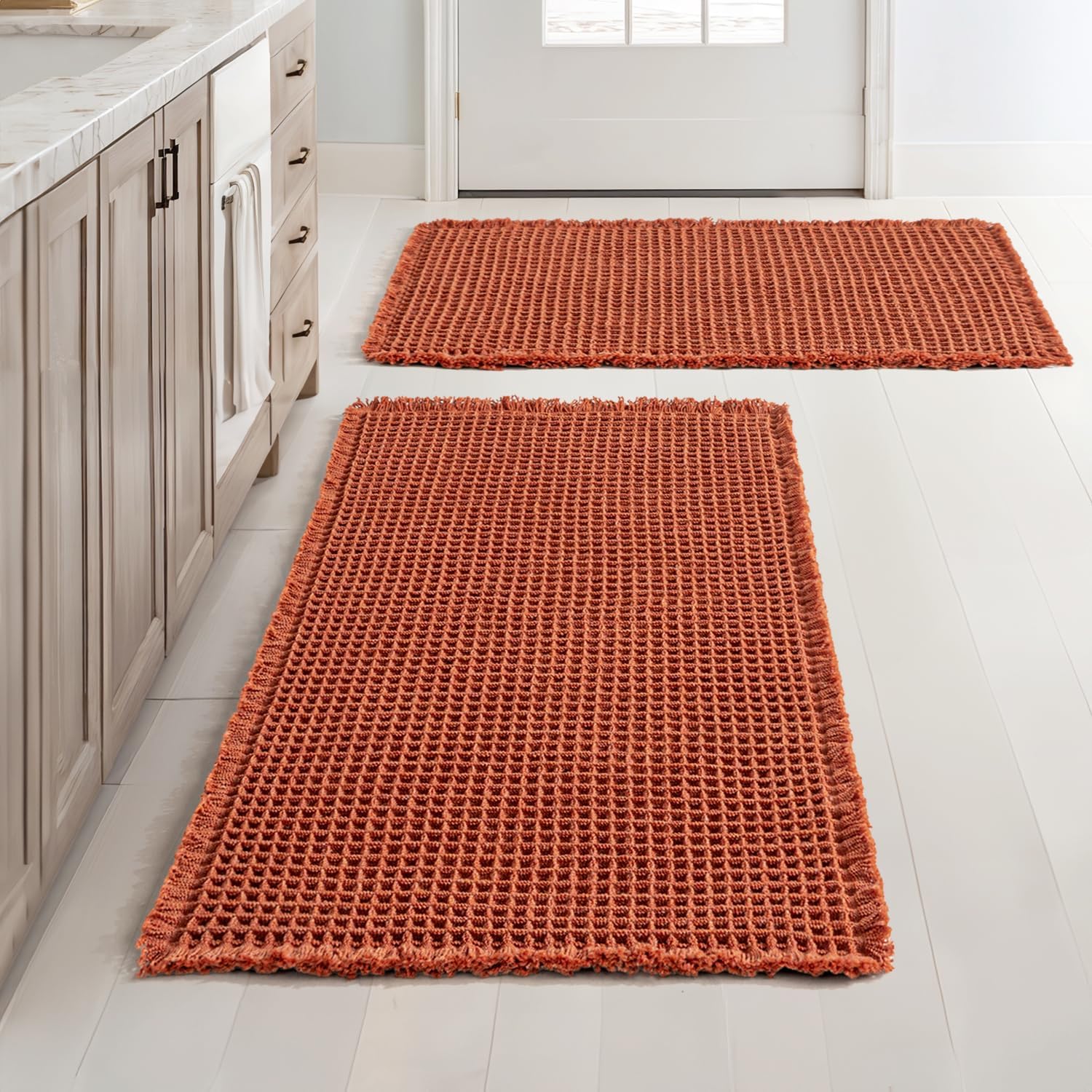 MIULEE Set of 2 Waffle Bathroom Rugs, Boho Bath Rugs Non Slip Washable, Super Absorbent Bath Mats, Ultra Soft Rubber Backed Shower Mats for Bathroom Floor, Tub and Shower, Brown, 18x30 Inch - Image 6