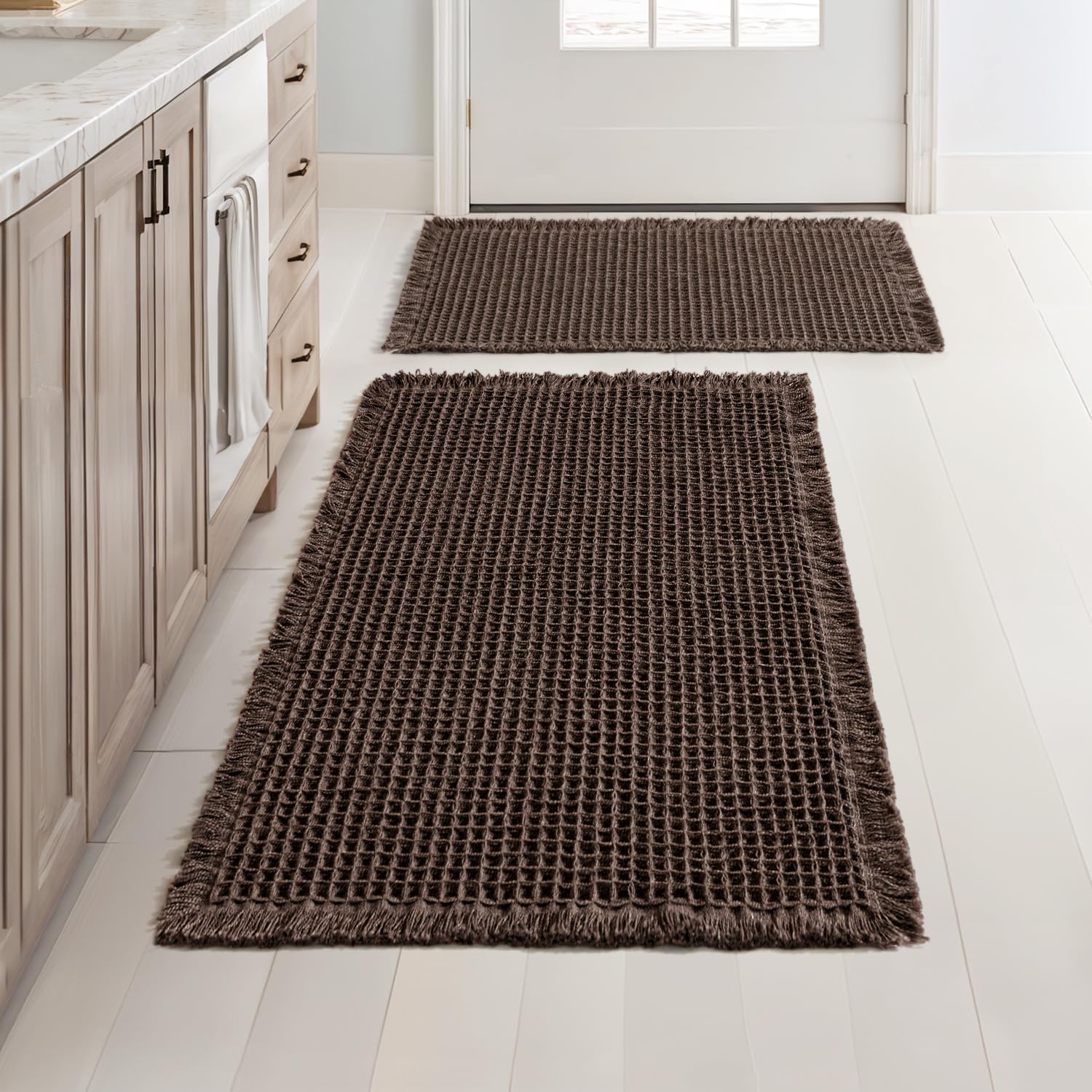 MIULEE Set of 2 Waffle Bathroom Rugs, Boho Bath Rugs Non Slip Washable, Super Absorbent Bath Mats, Ultra Soft Rubber Backed Shower Mats for Bathroom Floor, Tub and Shower, Brown, 18x30 Inch - Image 7