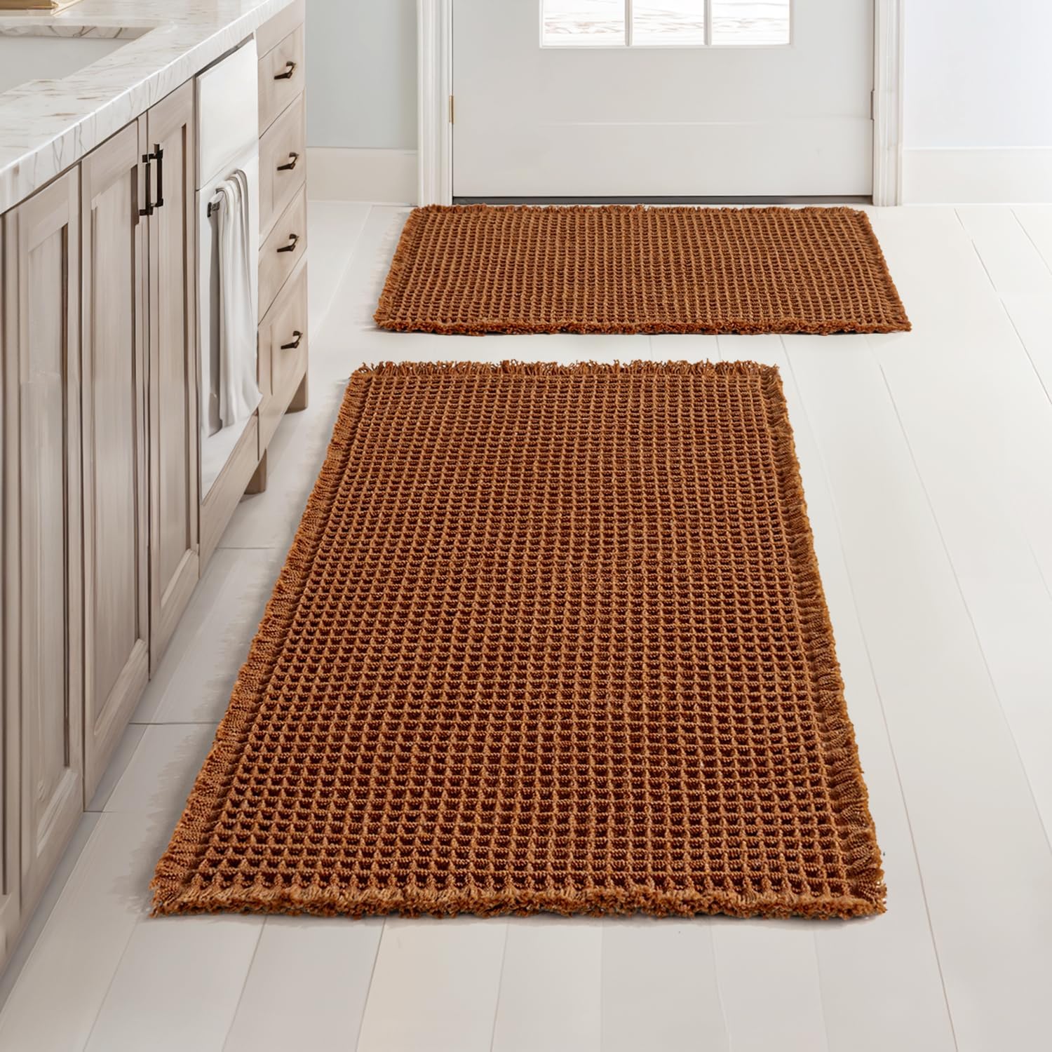 MIULEE Set of 2 Waffle Bathroom Rugs, Boho Bath Rugs Non Slip Washable, Super Absorbent Bath Mats, Ultra Soft Rubber Backed Shower Mats for Bathroom Floor, Tub and Shower, Brown, 18x30 Inch - Image 9