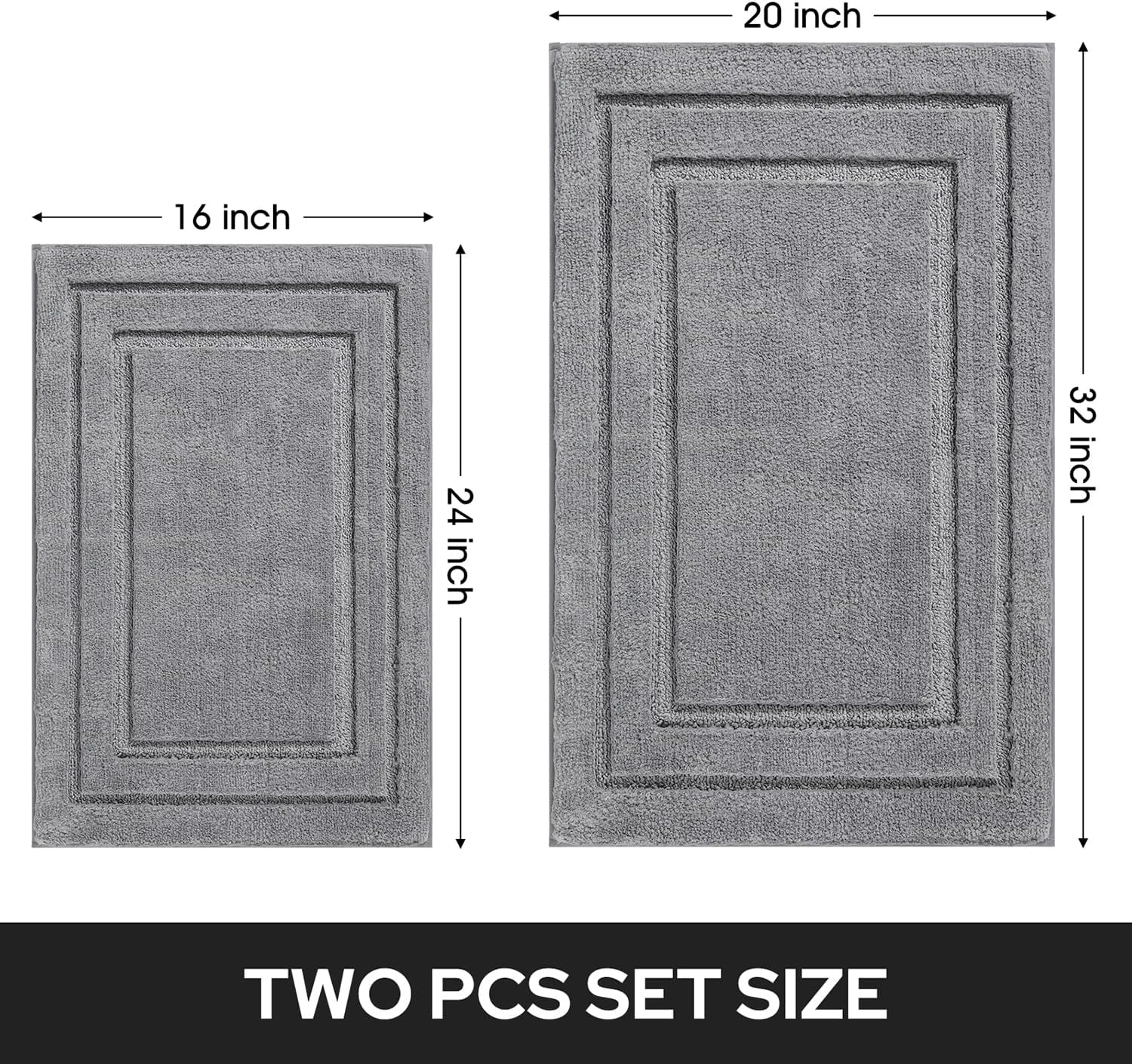 HOMEIDEAS Bathroom Rugs Sets 2 Piece, Super Soft and Absorbent Non Slip Microfiber Machine Washable Bath Mat Set (20" x 32" + 16" x 24", Grey)