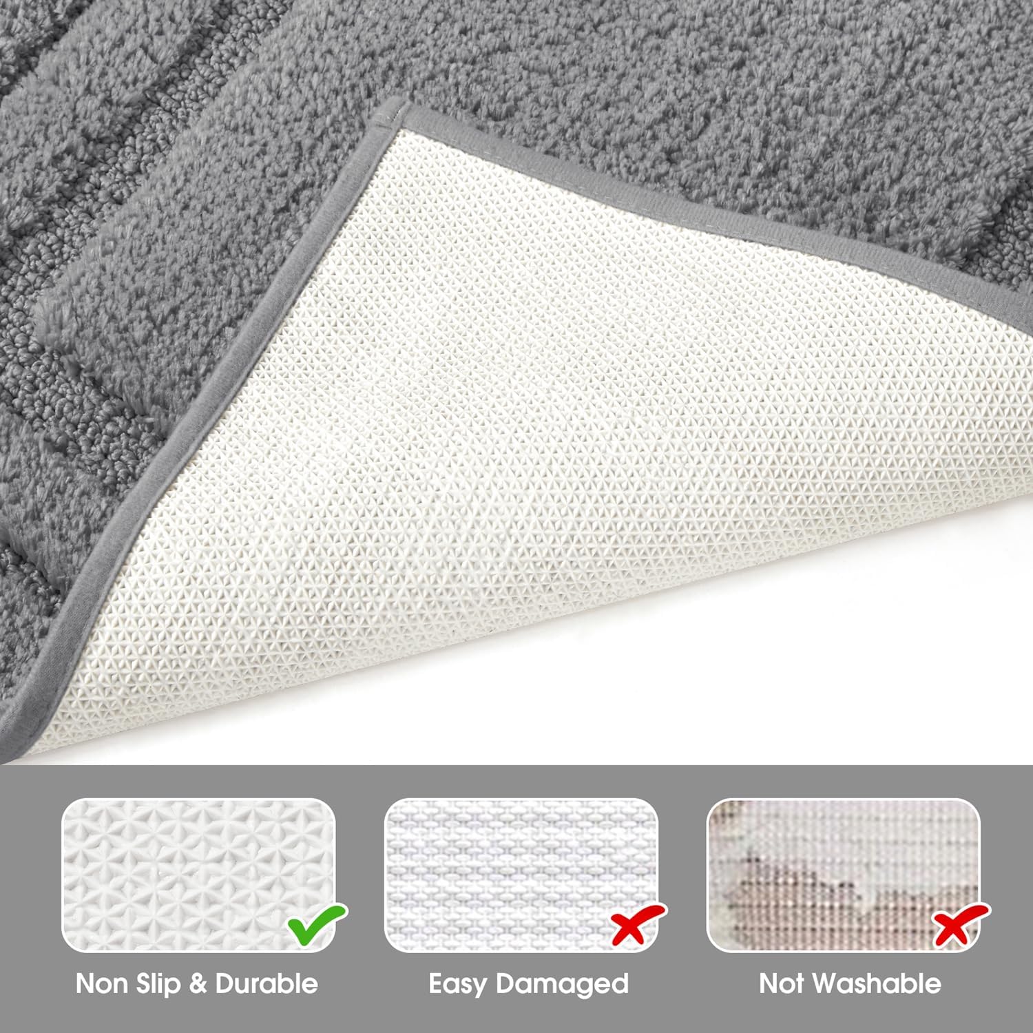 HOMEIDEAS Bathroom Rugs Sets 2 Piece, Super Soft and Absorbent Non Slip Microfiber Machine Washable Bath Mat Set (20" x 32" + 16" x 24", Grey) - Image 4