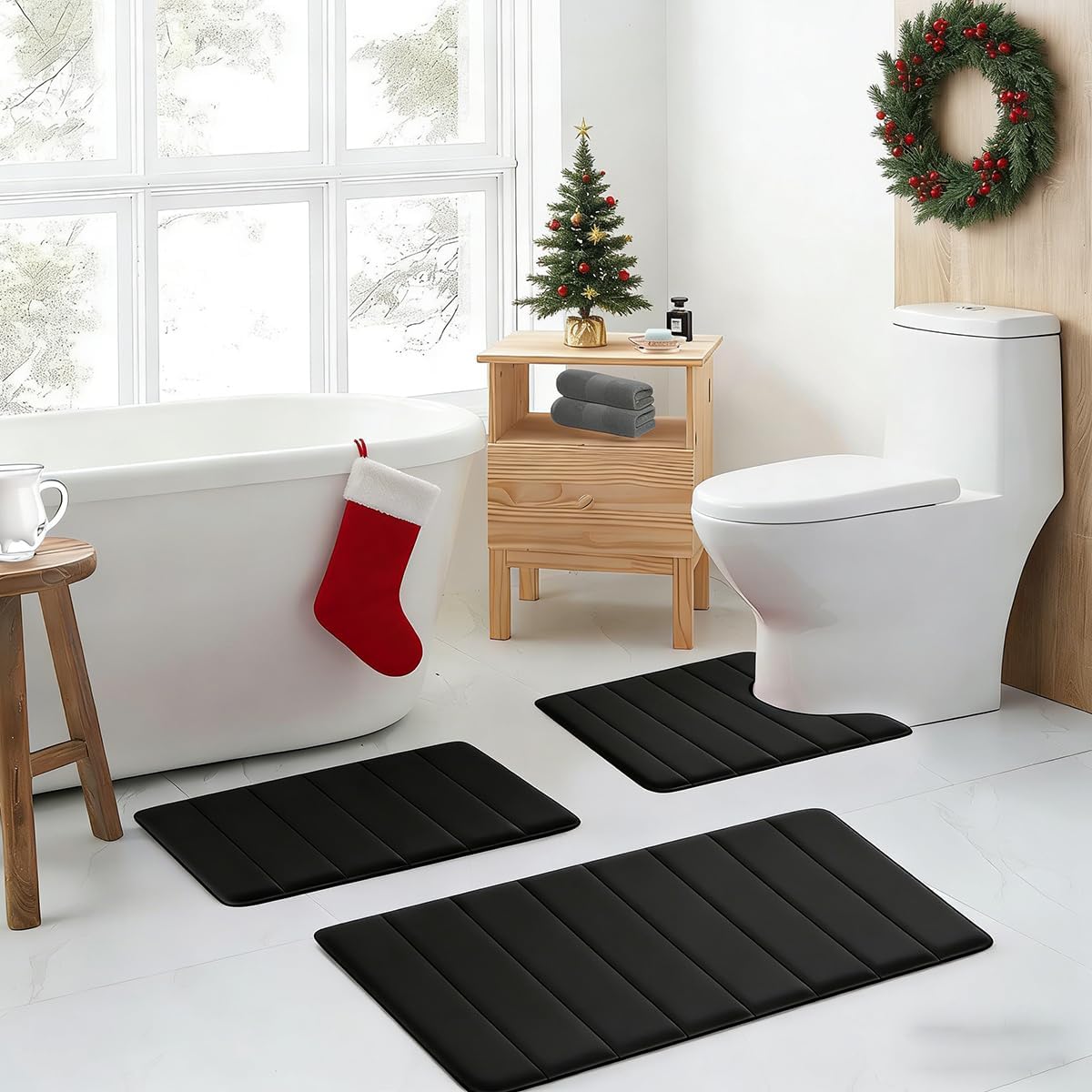 Bathroom Rugs Set Memory Foam Bath Rugs Non-Slip Bath Mat Set 3 Piece,Washable Bathroom Mats,Absorbent Shaggy Rugs Super Soft U-Shaped Toilet Rug,Bahroom Carpets for Bathroom,Tub,Shower（Black）