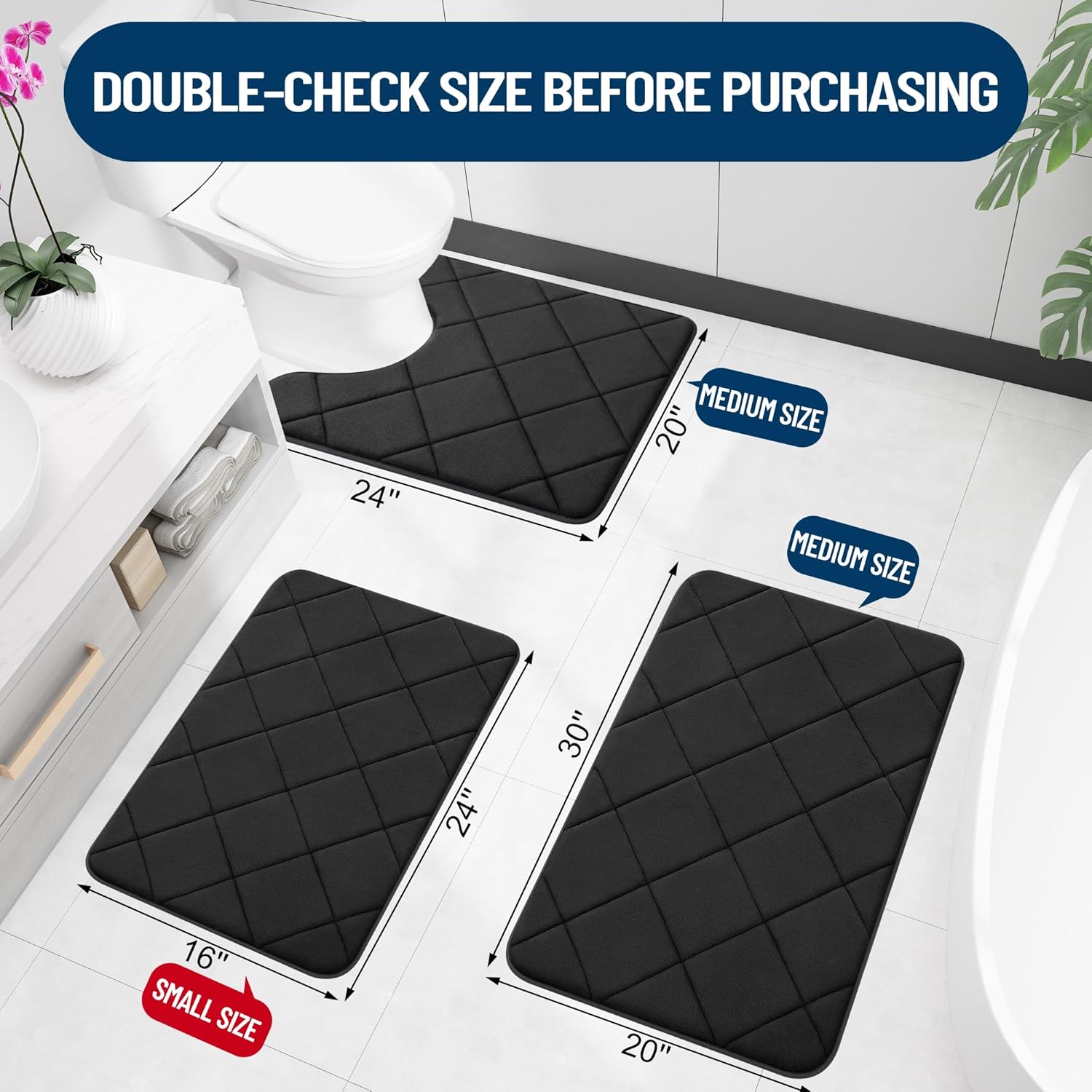 OLANLY Memory Foam Bath Mat 30x20, Ultra Soft and Absorbent Bathroom Rugs, Machine Washable, Comfortable Bath Carpet for Bathroom Floor, Tub and Shower, Black