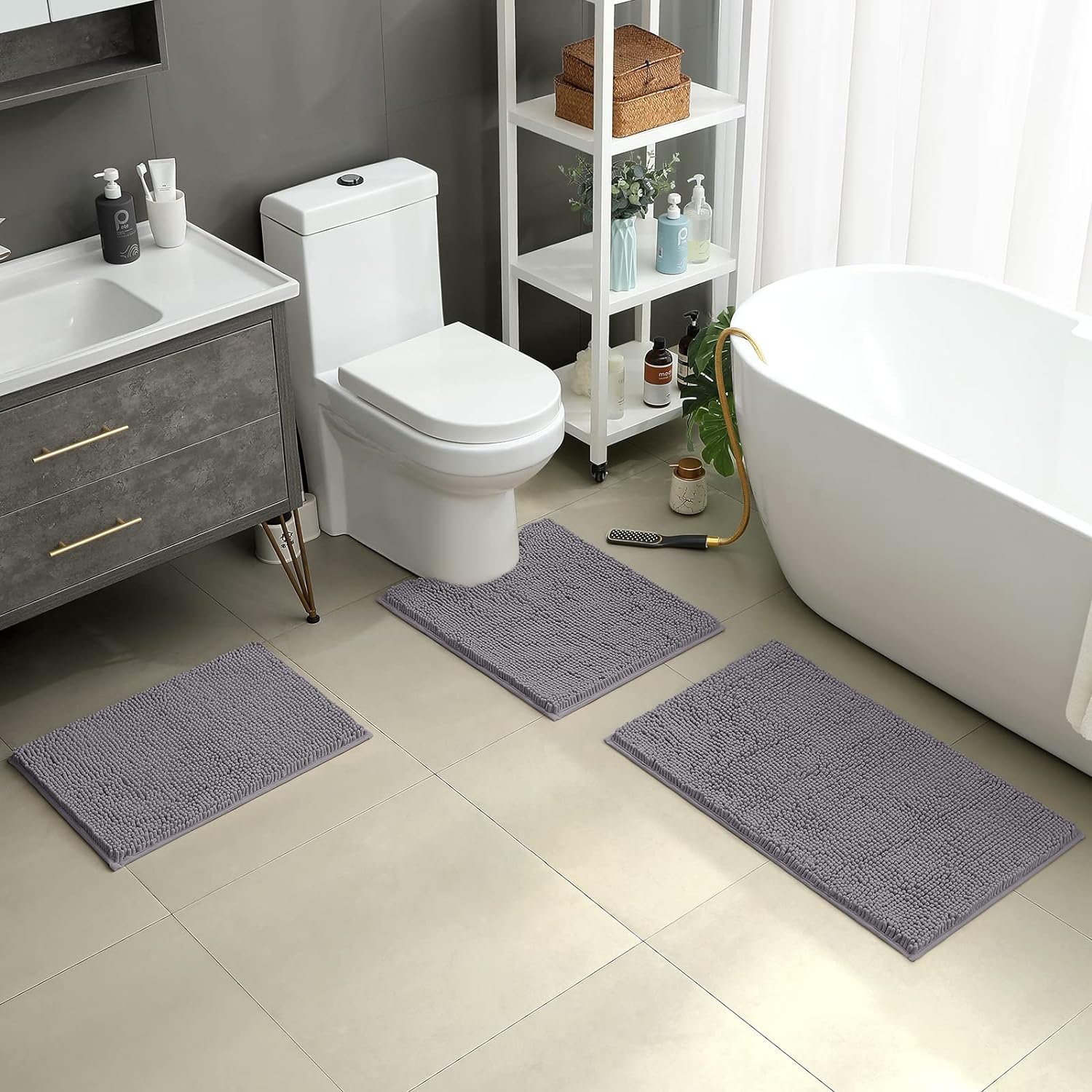 HOMEIDEAS 3 Pieces Bathroom Rugs, Soft Thick Absorbent Chenille Bath Mats, Washable Non-Slip Floor Rugs for Shower & Bath, Grey