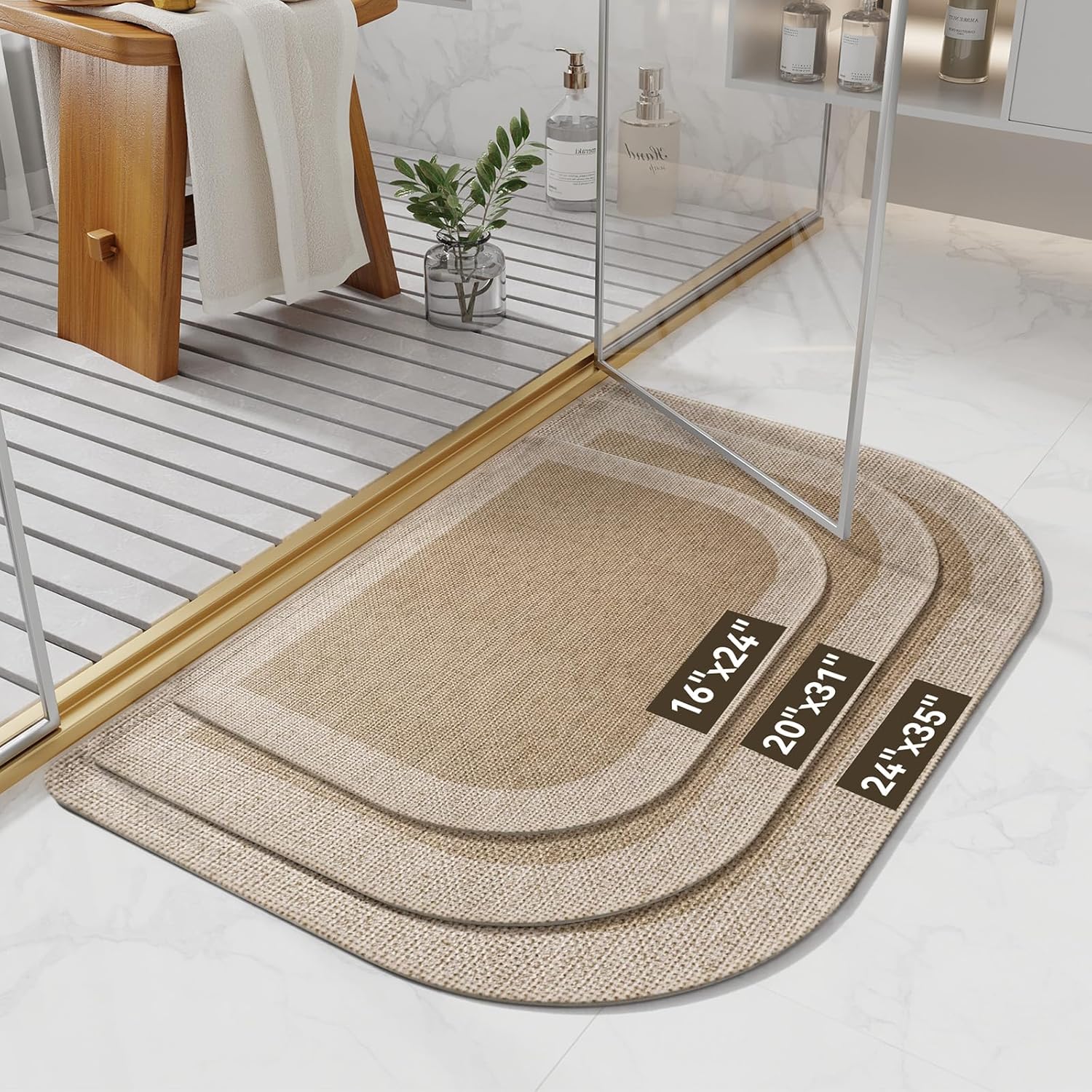 YDKGL Half Circle Bath Mat, Non Slip Bath Mat, Thin Bathroom Rugs Fit Under Door Quick Dry Absorbent Washable Bathroom Mat with Rubber Backing, Brown Beige 16x24