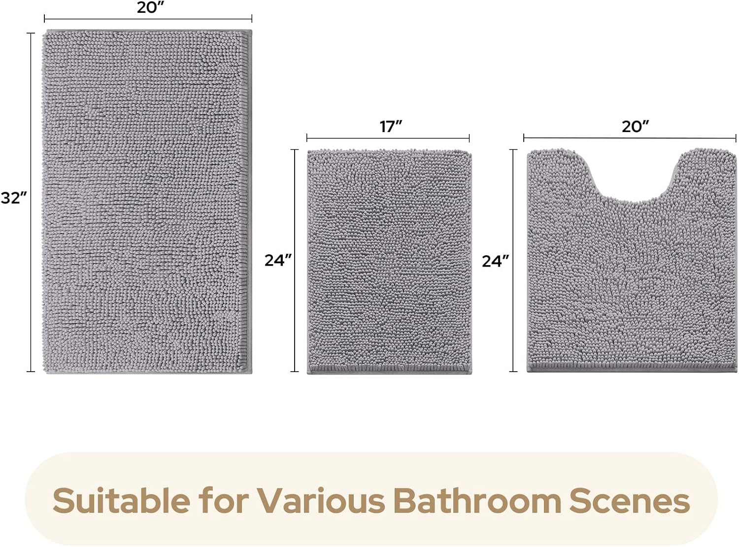 HOMEIDEAS 3 Pieces Bathroom Rugs, Soft Thick Absorbent Chenille Bath Mats, Washable Non-Slip Floor Rugs for Shower & Bath, Grey - Image 2