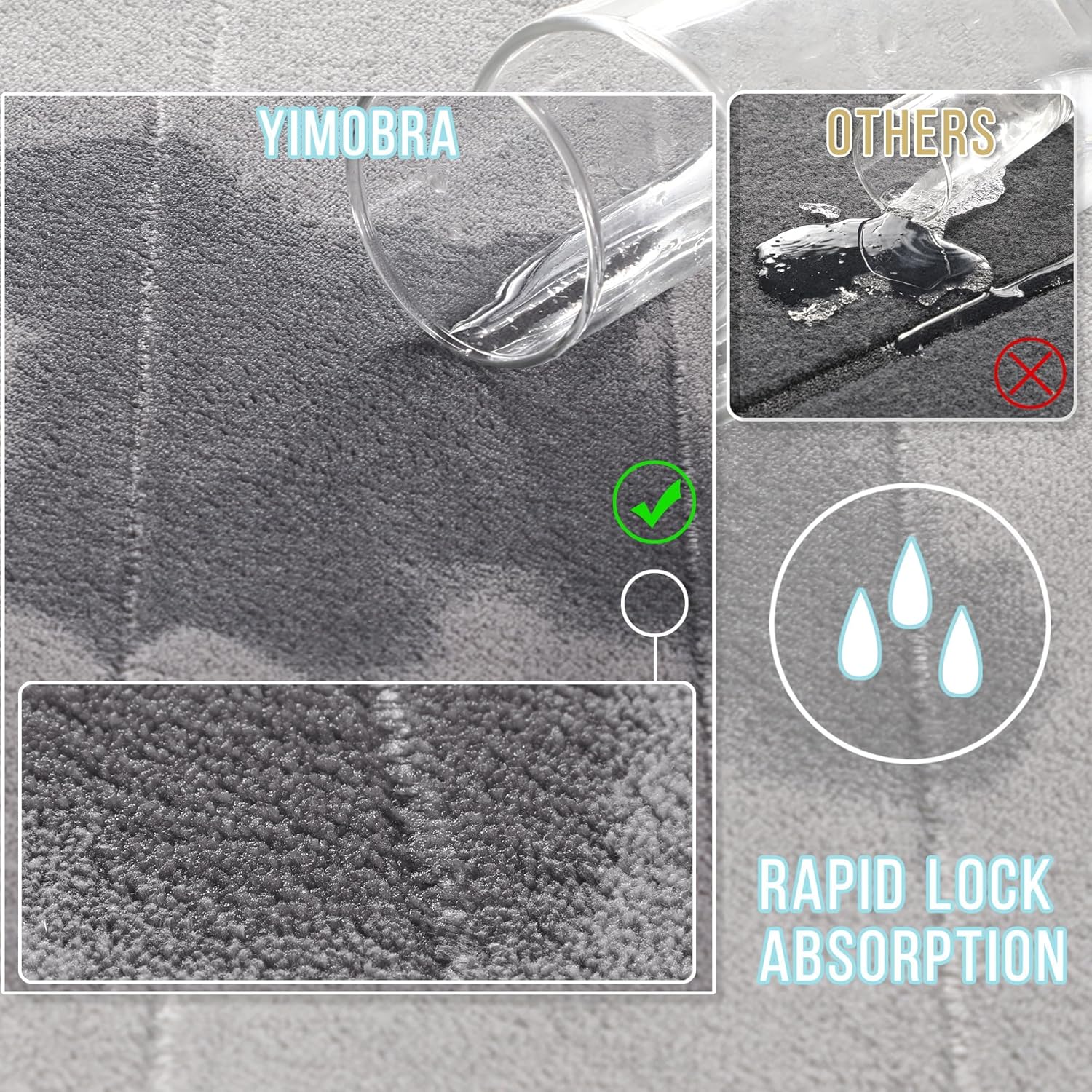 Yimobra Memory Foam Bathroom Rugs Sets 2 Piece - Super Soft Absorbent Quick Dry Bath Mat Set, Machine Washable Non Slip Floor Carpet for Tub Shower & Single Sink (17x24 & 31.5x20 Inch, Gray) - Image 3