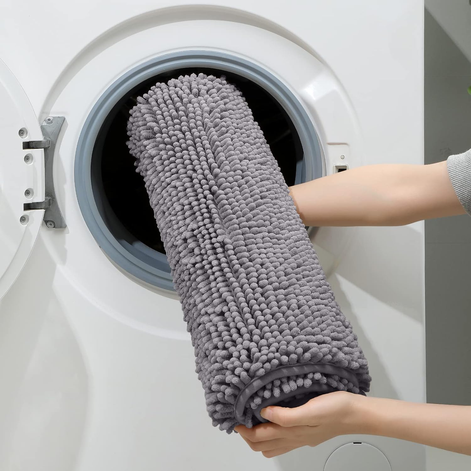 HOMEIDEAS 3 Pieces Bathroom Rugs, Soft Thick Absorbent Chenille Bath Mats, Washable Non-Slip Floor Rugs for Shower & Bath, Grey - Image 5