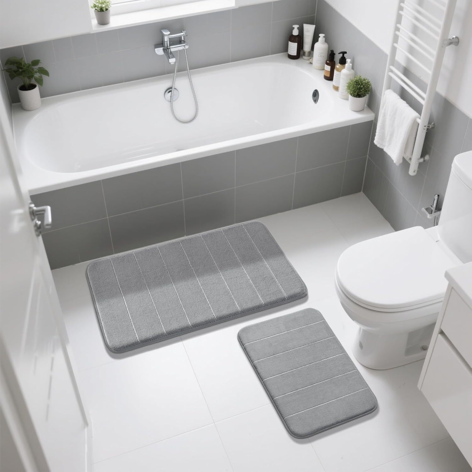 Yimobra Memory Foam Bathroom Rugs Sets 2 Piece - Super Soft Absorbent Quick Dry Bath Mat Set, Machine Washable Non Slip Floor Carpet for Tub Shower & Single Sink (17x24 & 31.5x20 Inch, Gray) - Image 6