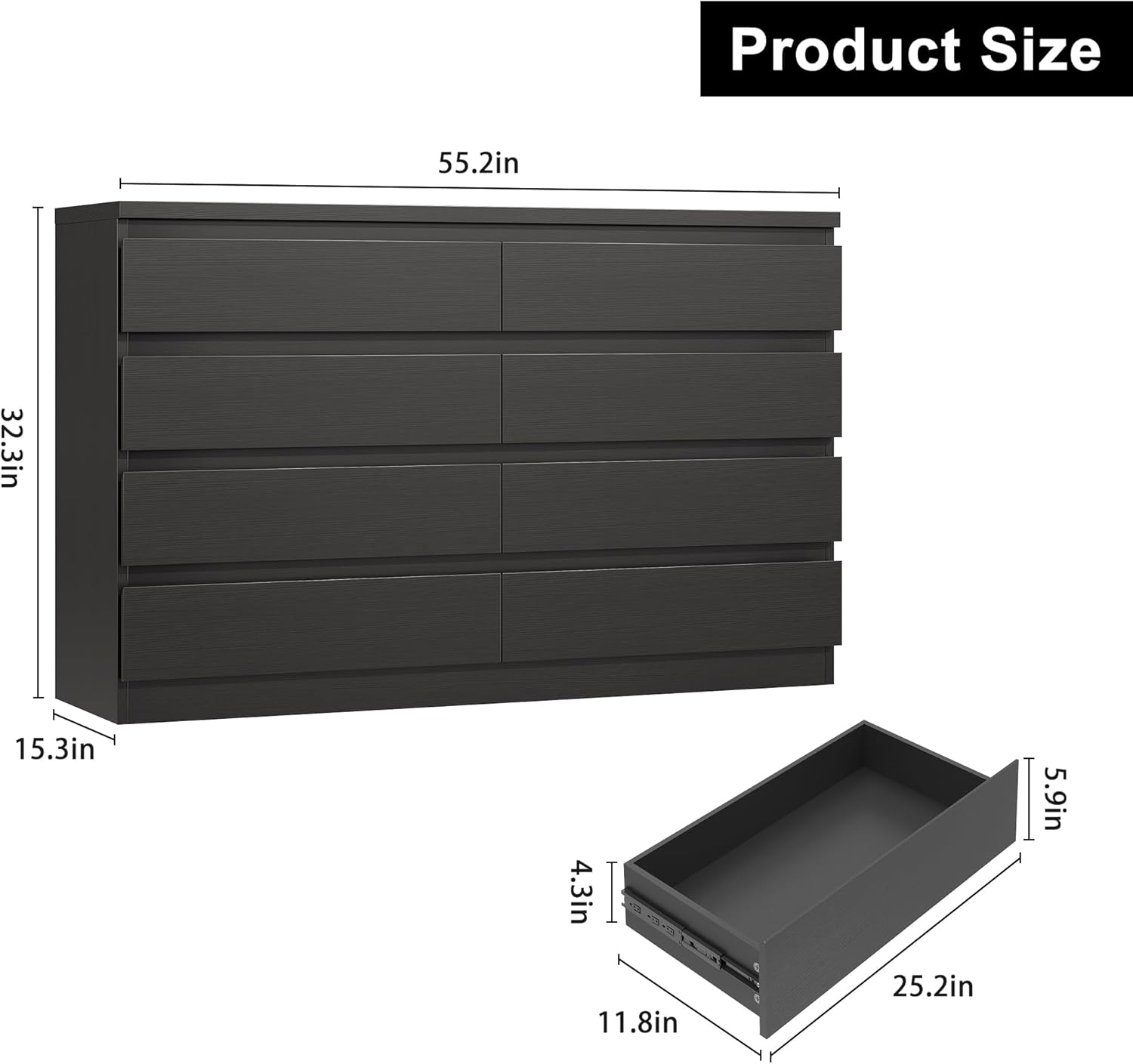 Jocoevol Modern Black 8 Drawer Dresser for Bedroom, 15.3" D x 55.2" W x 32.3" H Simply Chest of Drawers, Wood Storage Dresser with Deep Drawers for Living Room Hallway Entryway, Black