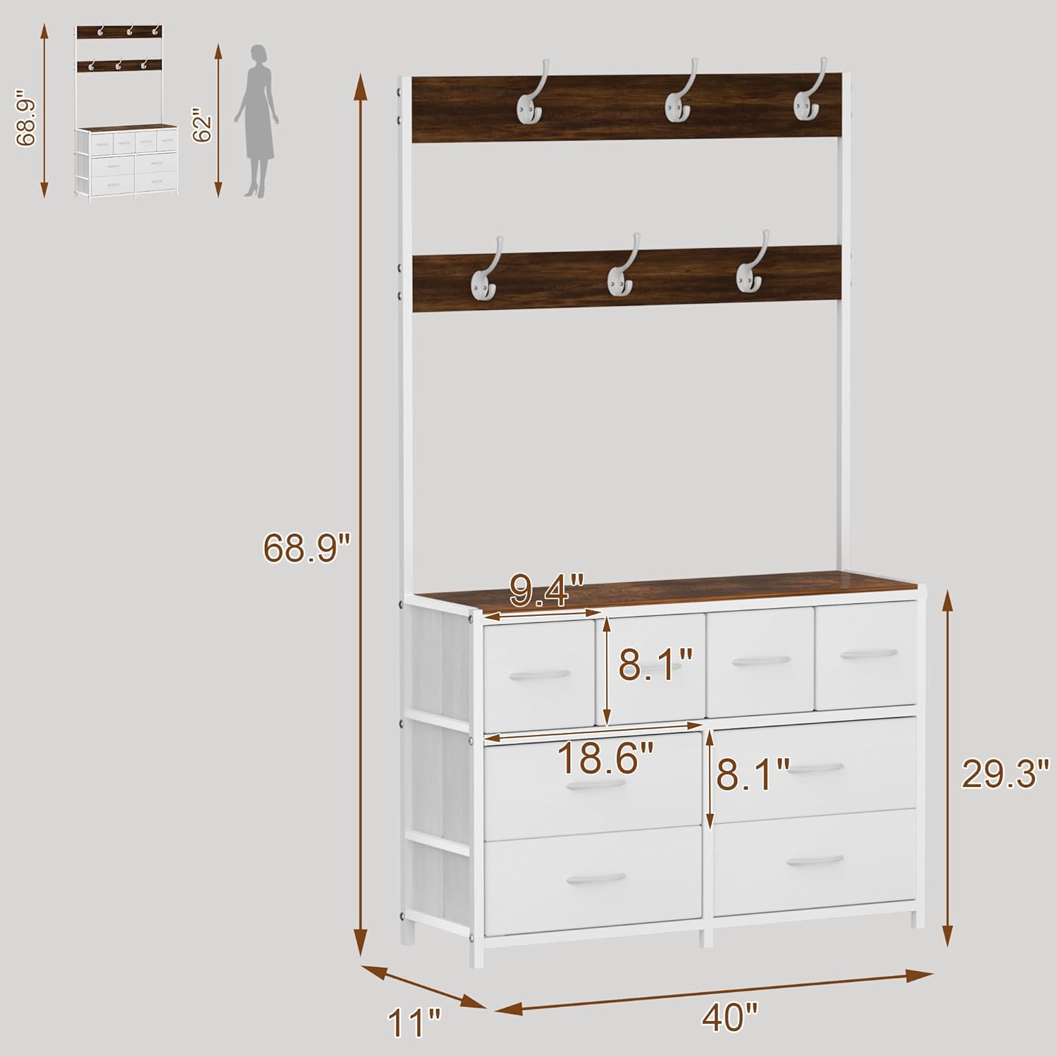 YKVIQBY 8 Drawer Dresser with 6 Double Hooks, 68.9" Tall Closet Organizer and Storage, Fabric Dresser for Bedroom, Nursery, Closet, Space-Saving Freestanding Storage Cabinet (White)