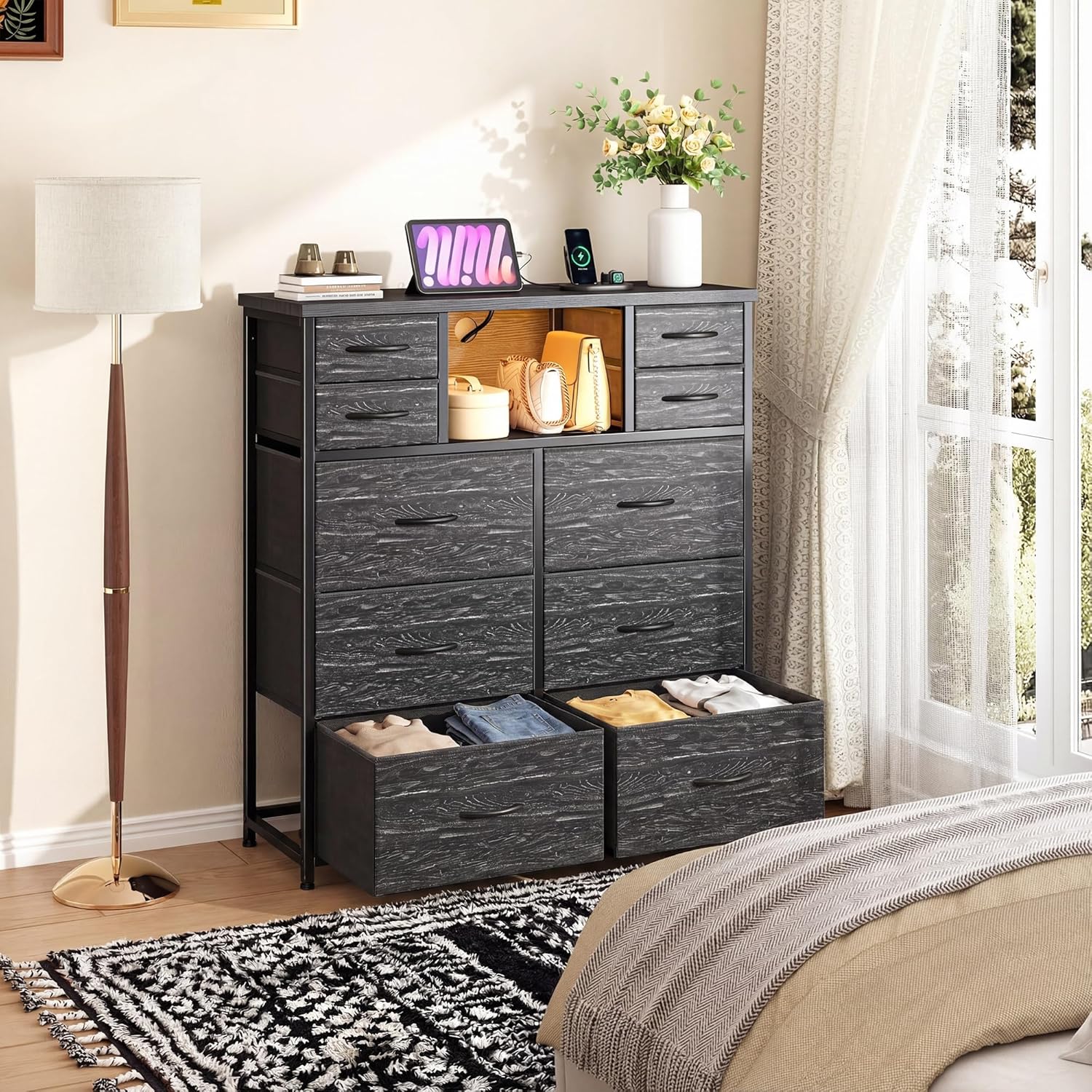 DurayLoly Dresser for Bedroom with 10 Fabric Drawers, Organizer Unit with LED Light & Charging Station, Sturdy Chest of Drawers with 2 Open Wooden Shelves for Hallway, Living Room, Dormitory (Black)