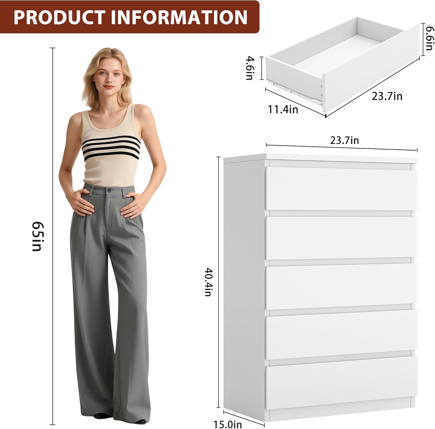 Orgobysol White 5 Drawer Dresser for Bedroom, 15" D x 23.7" W x 40.4" H in Modern Chest of Drawers, Wood Storage Dresser with Handleless Drawers for Kids Bedroom, Living Room, Hallway, Entryway