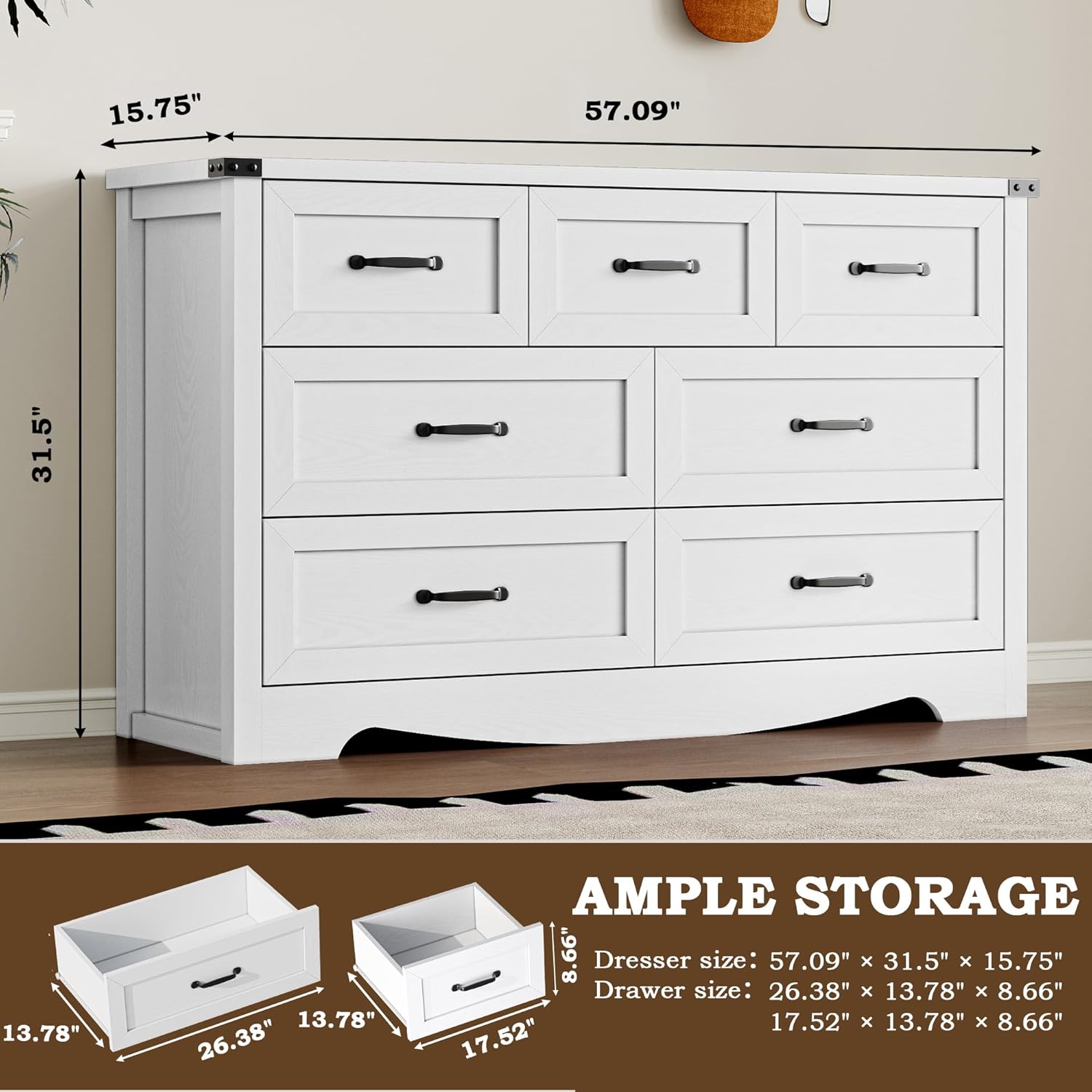 BORNOON 7-Drawer Dresser for Bedroom, Modern Wooden Chest of Drawers with Metal Handles, Anti-Tipping Design, Sturdy and Stable Storage Organizer for Living Room, Entryway, Home Office