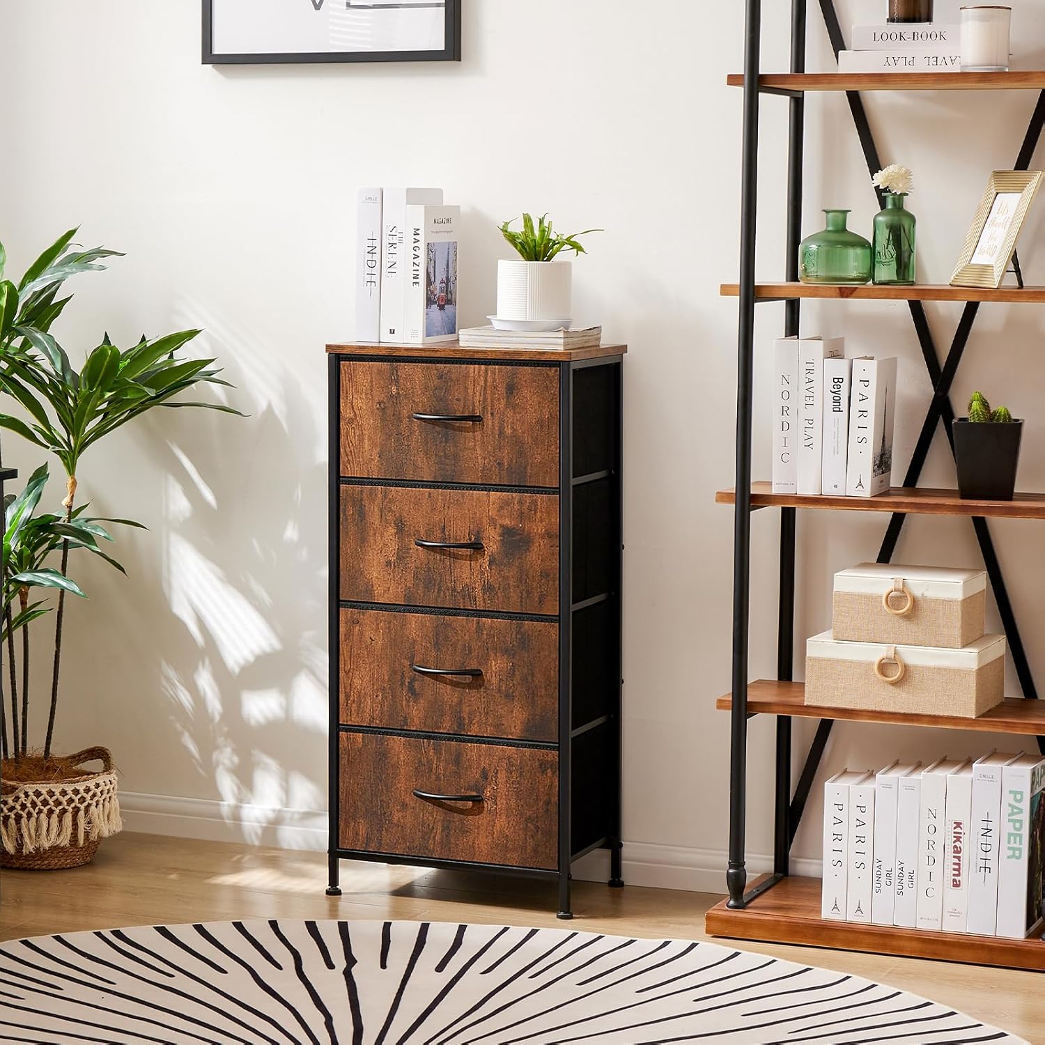 Sweetcrispy 4 Drawer Dresser, Fabric Storage Tower Organizer with Sturdy Steel Frame and Wood Top, Easy Pull Handles, for Bedroom, Closet, Entryway, Hallway, Brown