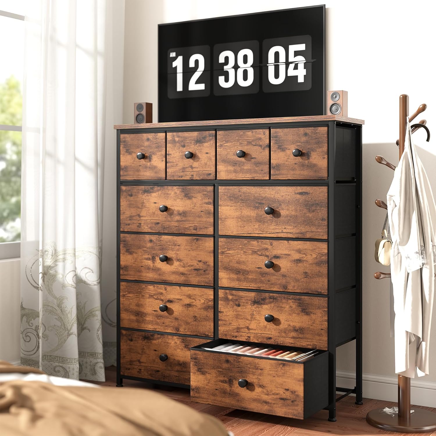 Bepatio Dresser for Bedroom with 12 Drawers, Fabric Dressers & Chest of Drawers with Sturdy Metal Frame, Wood Top, for Woman, 40.6" W x 11.8" D x 44.5" H (Rustic Brown)