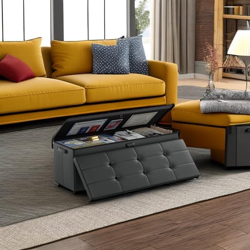 DocSafe Storage Ottoman Bench,Fireproof＆Waterproof Folding Bench with Lock(15u201Dx 43u201Dx15u201D),Leather Storage Chest with Handles＆2 Extra Boxes,Ottoman Safe for Bedroom,Living Room,Home Office,Black