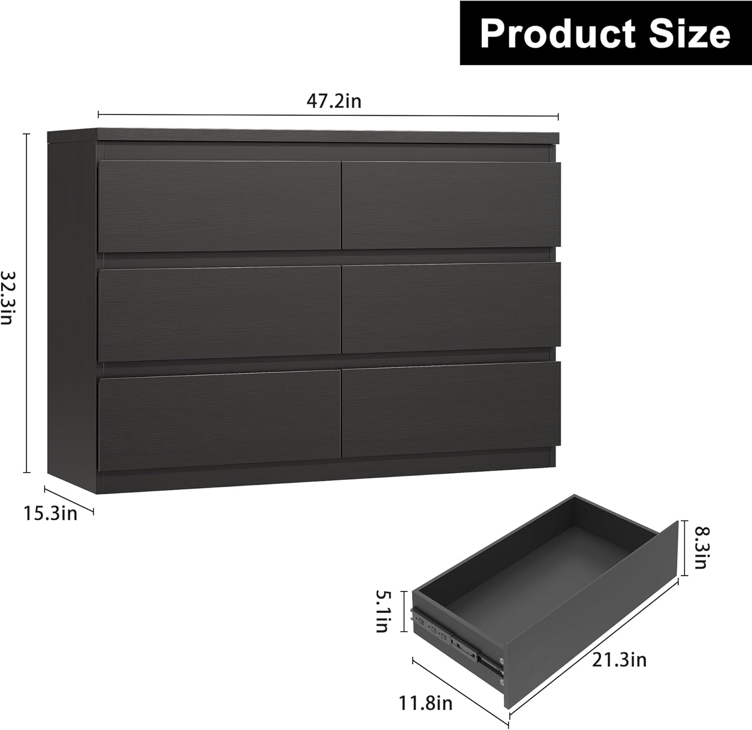 Jocoevol Modern Black 6 Drawer Dresser - Simply Chest of Drawers for Bedroom, Closet, Living Room, Hallway, Entryway, Wood Storage Double Dresser with Smooth Metal Rails - Black