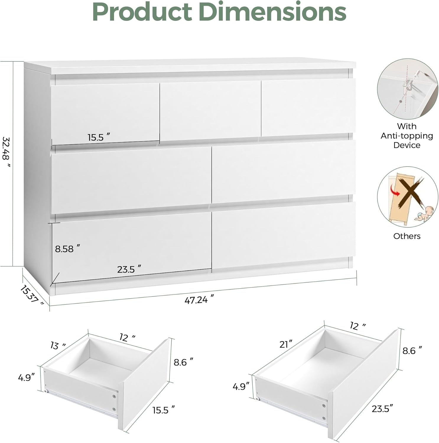 Jocoevol Modern White 7 Drawer Dresser for Bedroom, Simply Chest of Drawers, Wood Storage Dresser with Deep Drawers for Living Room Hallway Entryway, White