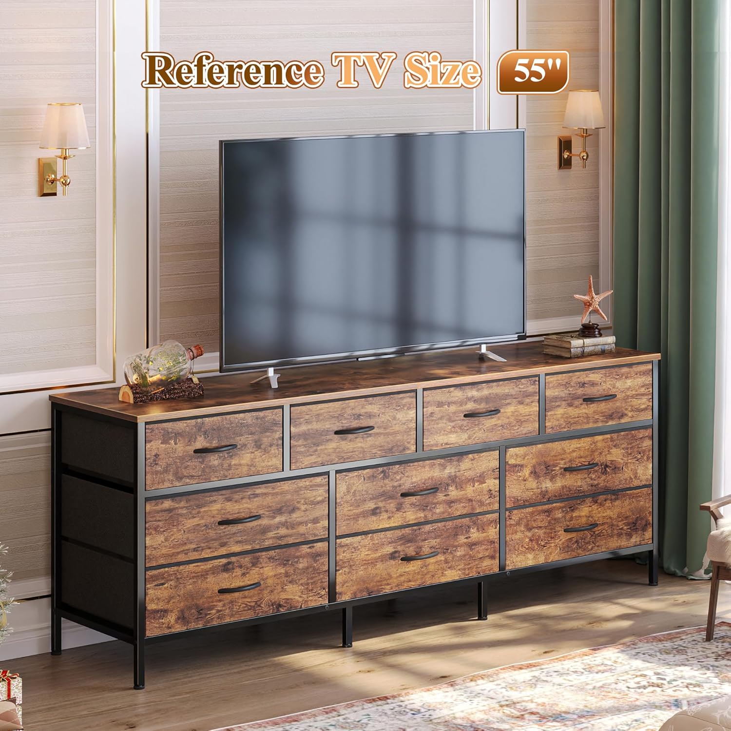 Huuger 63 Inch Dresser for Bedroom, Long Dresser with 10 Fabric Drawers, TV Stand for 55, 65, 70 Inch TV, Toy Storage Organizer for Closet, Rustic Brown