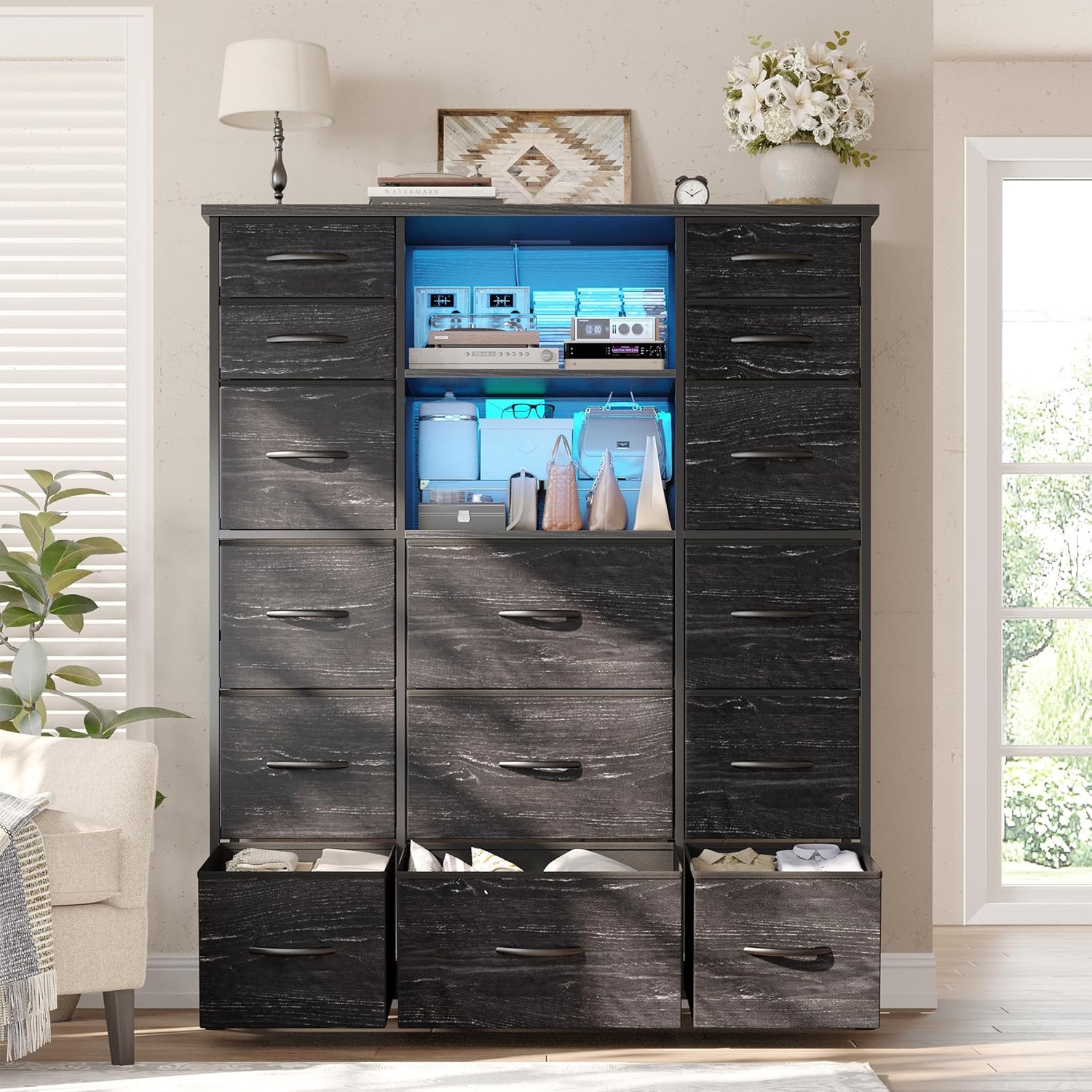 EnHomee 51" H Dresser with 15 Drawers Dresser for Bedroom with Charging Station & LED Lights & Hutch Sturdy Black Bedroom Dressers, Steel Frame, Wood Top, 51.2" H x 39.3" W x 11.8" D