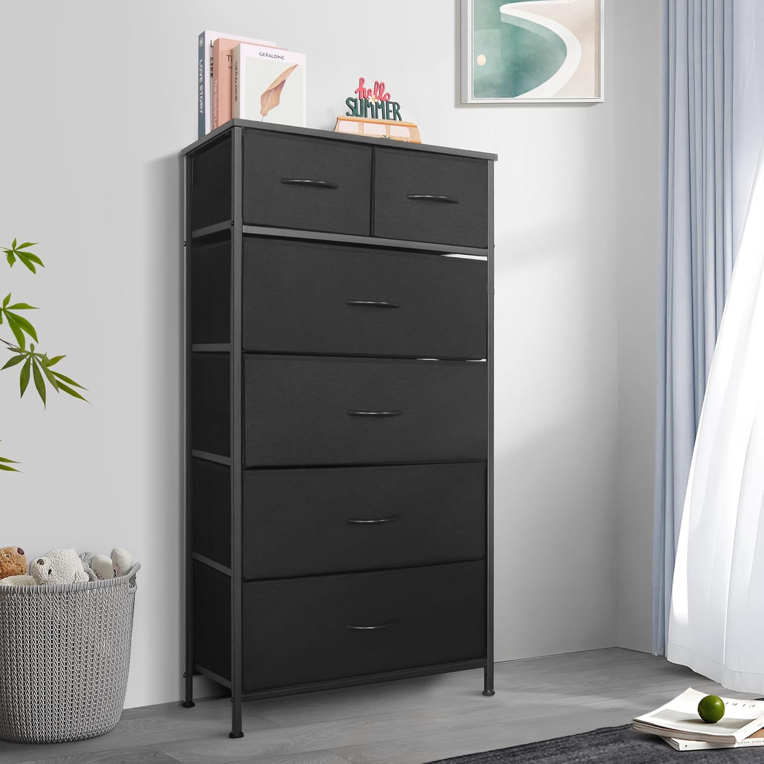 Mifuro Tall Dresser for Bedroom, Vertical Storage Organizer Tower with 6 Drawers, Chest of Drawers with Fabric Bins, Steel Frame, Wood Top for Bedroom, Closet, Entryway- Black