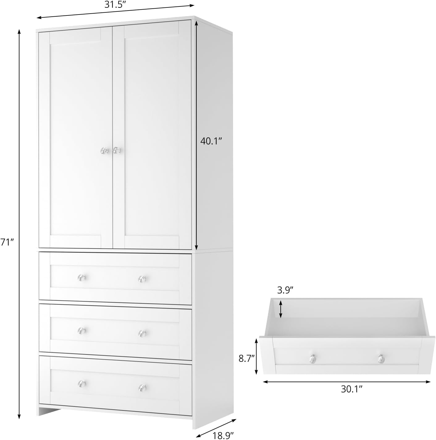 VOWNER Armoire Wardrobe Closet with Drawers and Mirror, 71" Clothing Storage Cabinet with Hanging Rod, 2 Doors Wooden Wardrobe Cabinet for Bedroom, Large Capacity Storage