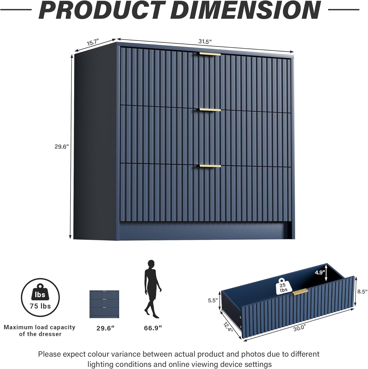 Furniway Navy Blue Dresser for Bedroom, Modern Dresser with 3 Drawers and Smooth Slides, Wide Chest of Drawers with Golden Handles for Bedroom, Living Room, Closet, 15.7" D x 31.5" W x 29.6" H