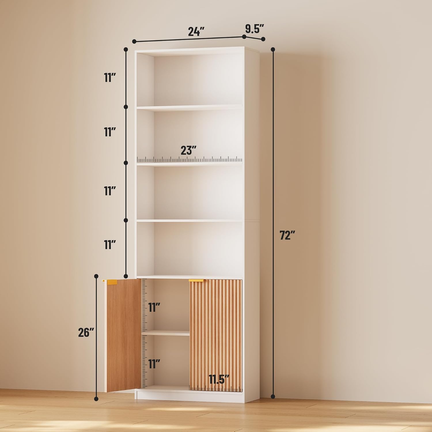 INNOD 72" Tall Book Shelve Bookcases with Doors, Floor Standing 6 Shelf Display Storage Shelves, Book Shelf with Storage Cabinet, Home Decor Furniture for Living Room Bedroom and Home Office