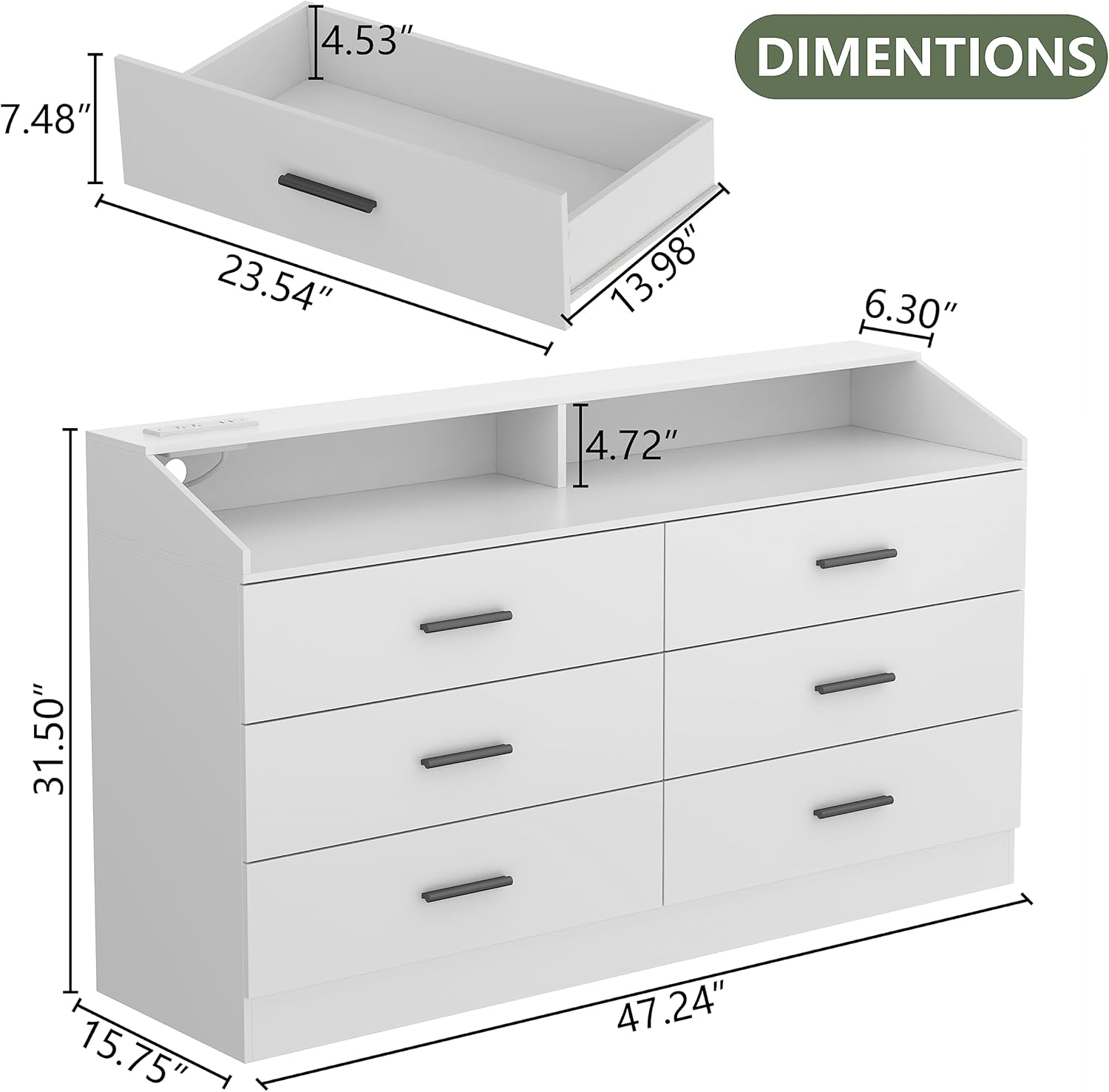 Gyfimoie 6 Drawer Dresser with Power Outlet, Chest of Drawers with LED Light, Modern Dresser with Open Storage Cubby, Double Wide Dressers Organizer for Bedroom, Living Room, Entryway, Hallway