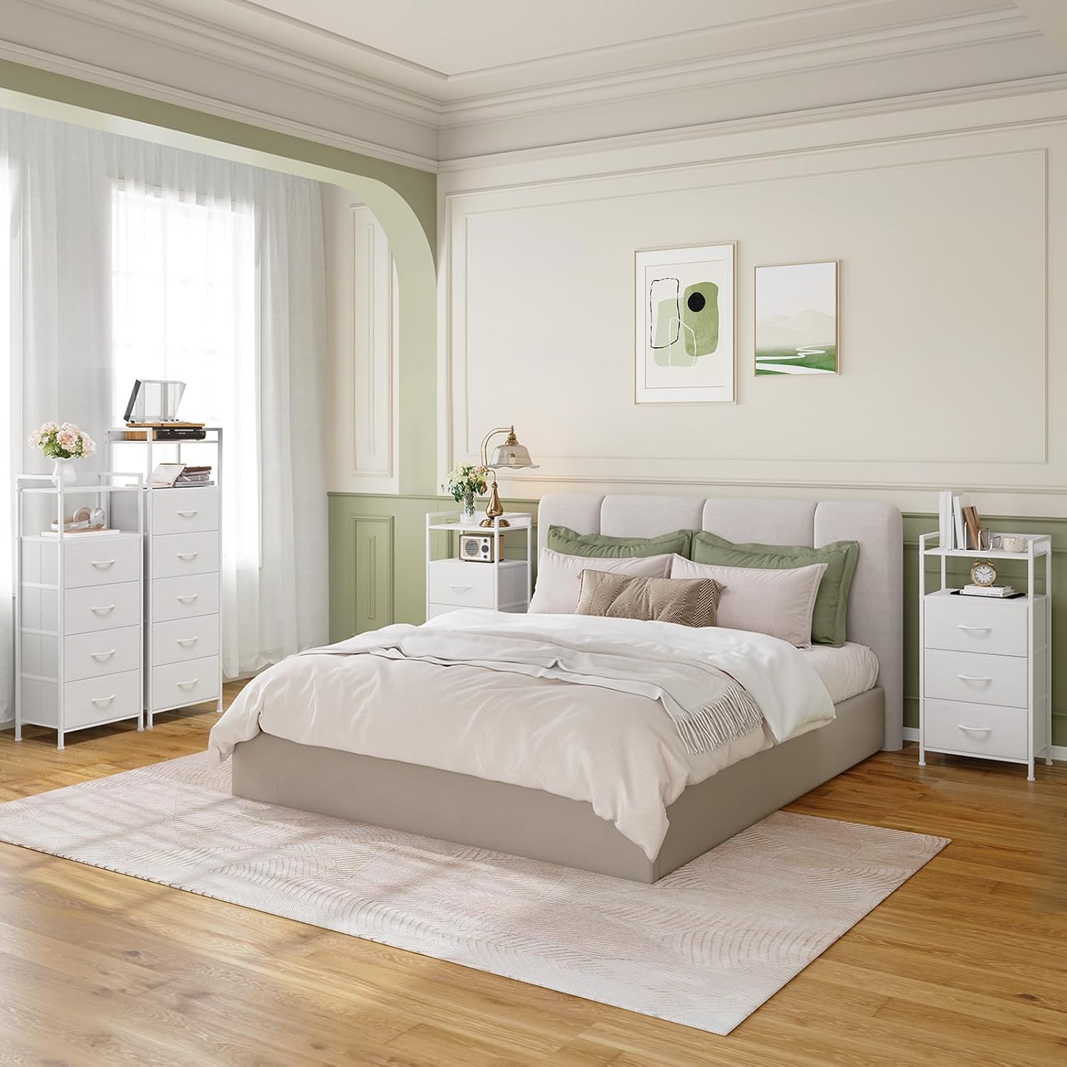 Somdot White Nightstand with 4 Drawers, Vertical Storage Tower Fabric Dresser for Bedroom, Nightstand Bedside Table Furniture, Sturdy Steel Frame, Wooden Top & Easy Pull Fabric Bins