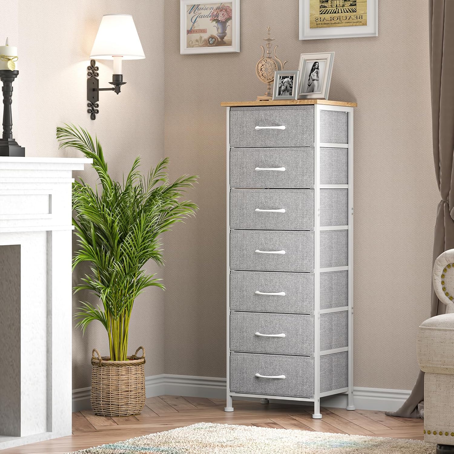Fixwal Tall Dresser for Bedroom, Storage Dresser Organizer with 7 Fabric Drawers, Nightstand Furniture in Closet, Entryway, Hallway, Light Grey