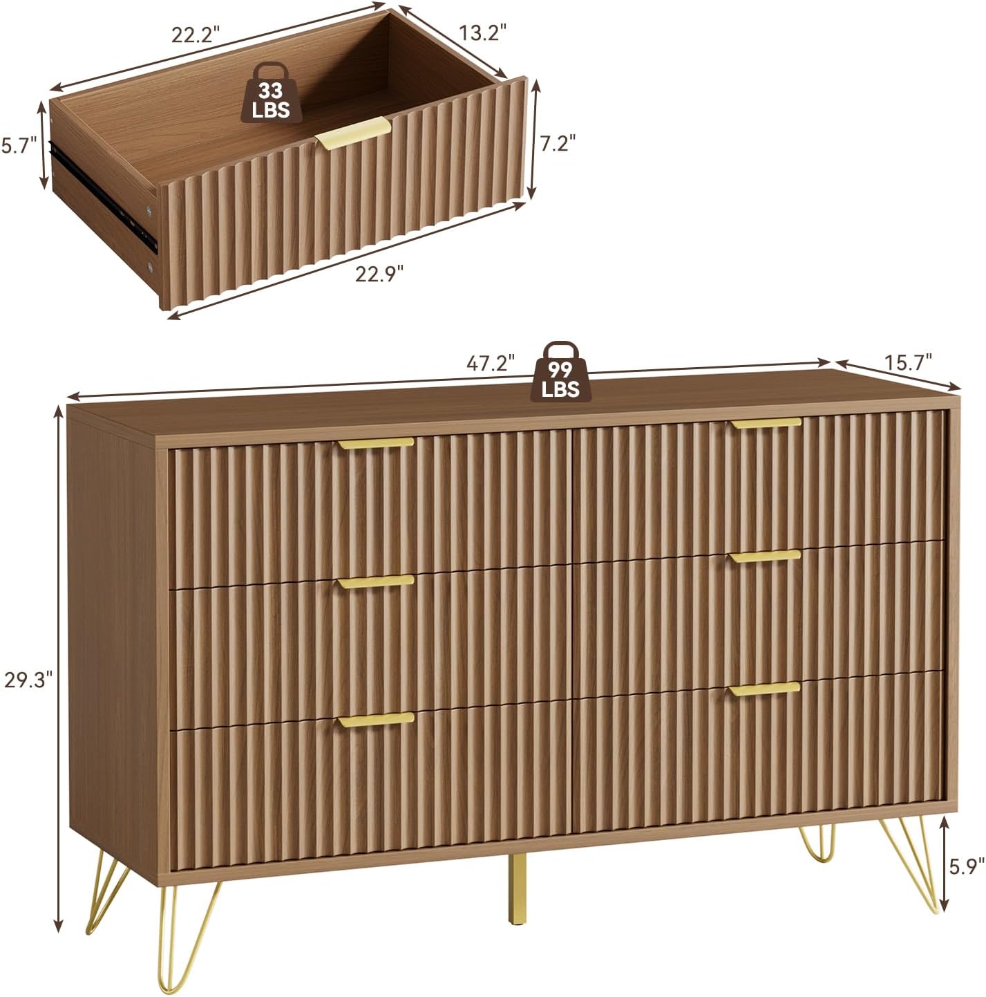 LYNSOM Fluted Dresser for Bedroom, Walnut 6 Drawer Dresser with Gold Handles and Wide Drawers, Wood Chest of Drawers for Bedroom, Hallway