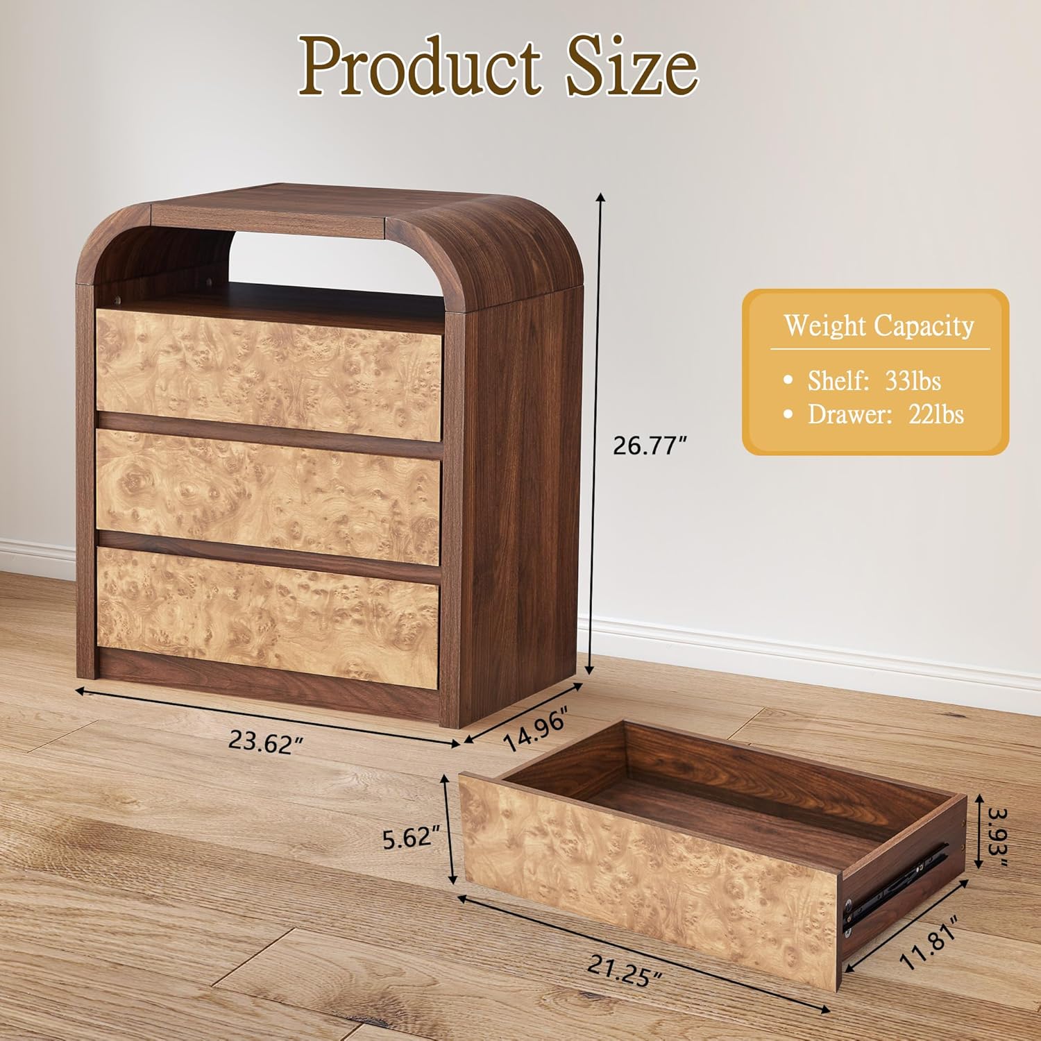 Sylphorium 3 Drawer Dresser for Bedroom, Modern Chest of Drawers with Open Shelf, Burl Wood Tall Nightstand End Table for Living Room, Hallway (Walnut, 2 Packs)