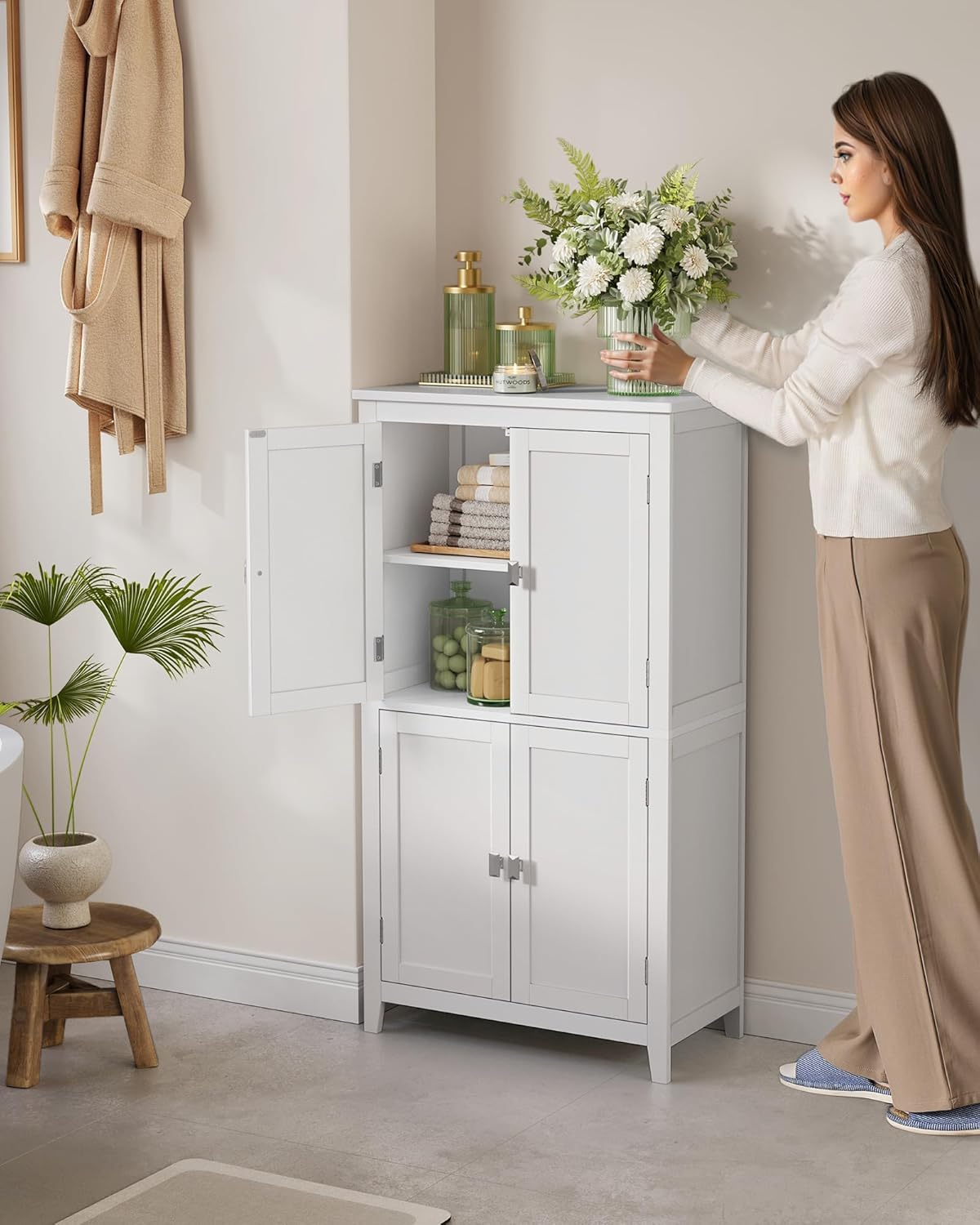 VASAGLE Floor Storage Cabinet, Freestanding Storage Unit with 4 Doors, Adjustable Shelves, 11.8 x 23.6 x 43.3 Inches, for Entryway, Bathroom, White UBBC552P31