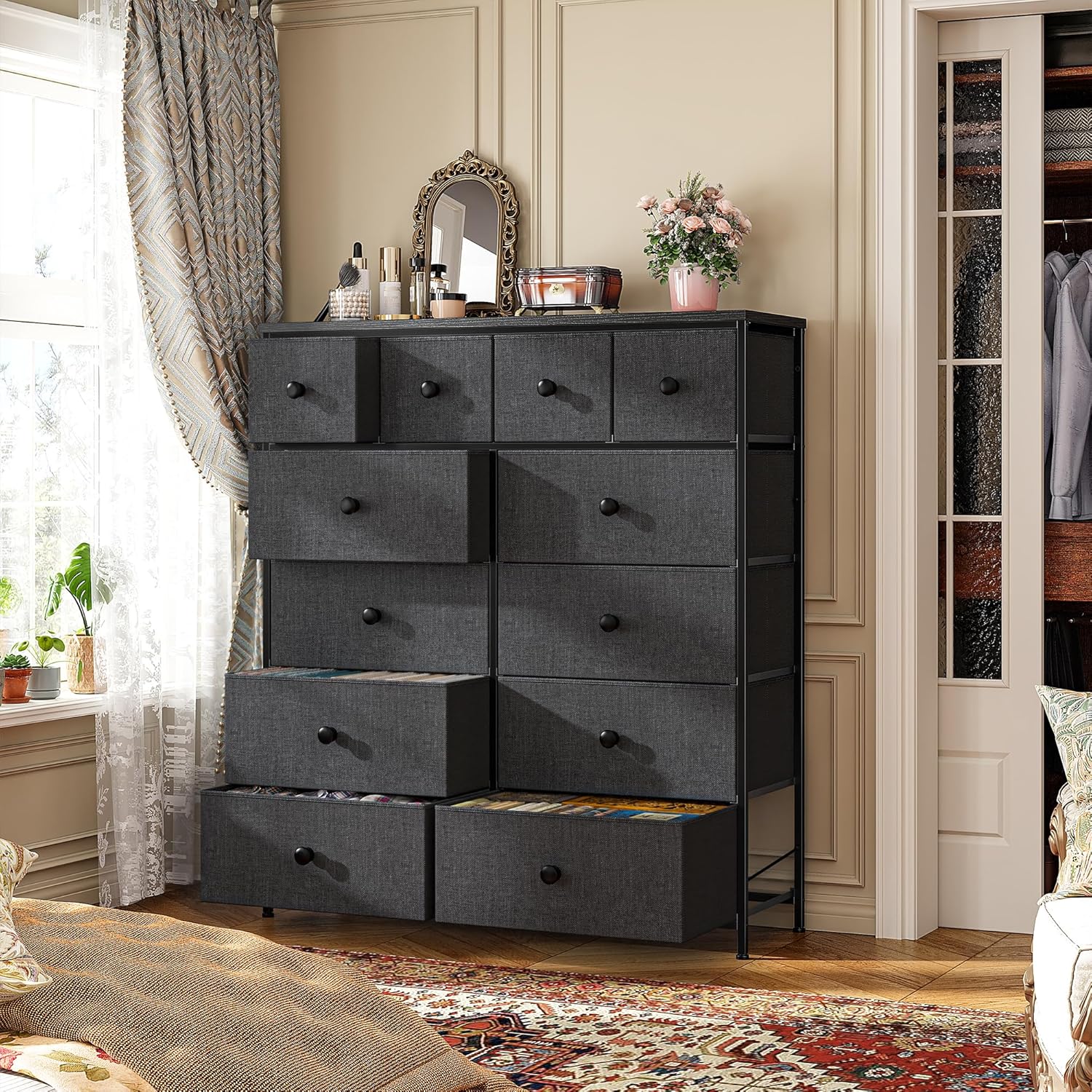 Romorgniz Dresser for Bedroom Tall Dresser with 12 Drawers Fabric Dressers & Chests of Drawers, Bedroom Dresser with Metal Frame, Wood Top, Entryway Living Room Closet, Dark Grey