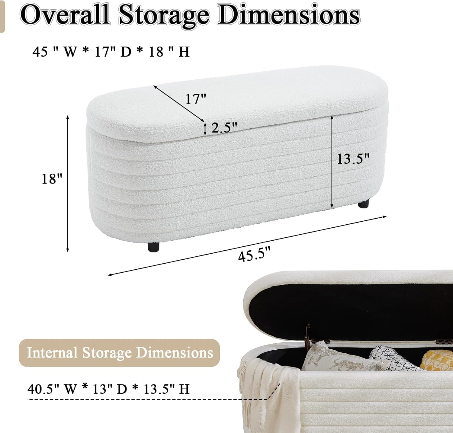 DM Furniture Storage Teddy Ottoman Bench Upholstered Fabric Storage Bench End of Bed Stool with Safety Hinge for Bedroom, Living Room, Entryway, Closet(45.5", White)
