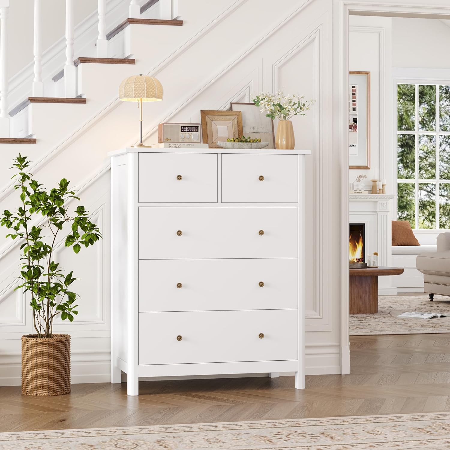HOUSUIT White Dresser with 5 Drawers, Tall Chest of Drawers, 5 Drawer Dresser with Deep Space, Wood Storage Cabinet for Living Room, Hallway, Office, White