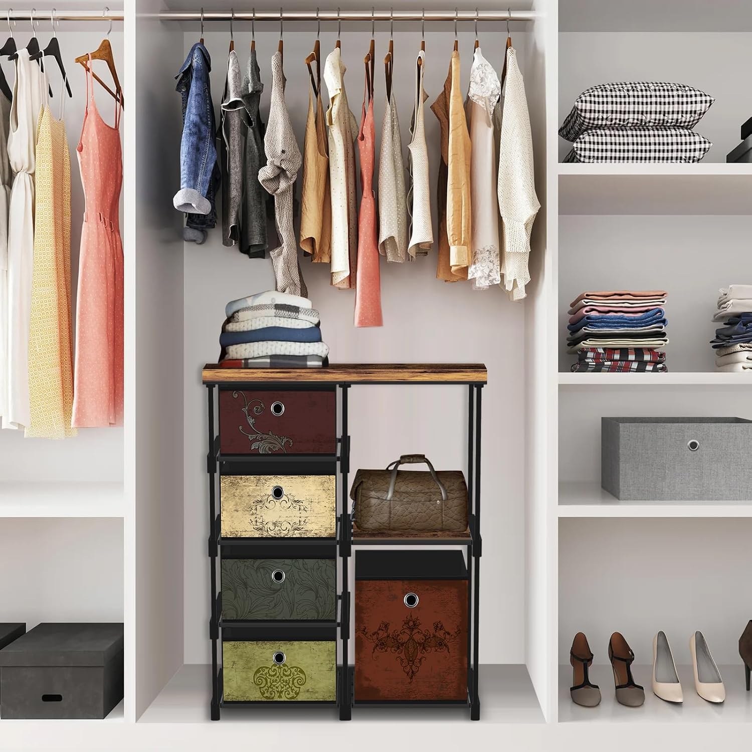 VASICAR Small Fabric Dresser with Side Shelf, 5 Drawers Storage Drawer Units for Bedroom, Storage Cabinet for Office Kitchen, Beside Sofa Table for Hallway Entryway