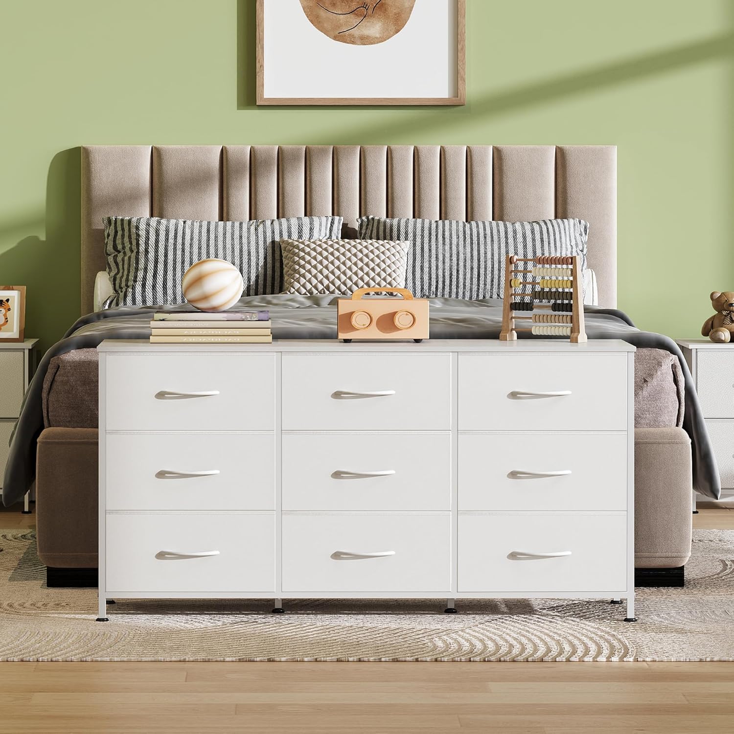 WLIVE 47''W Dresser for Bedroom, White Dresser TV Stand for 45, 50, 55 inch TV, Wide Chest of Drawers with 9 Drawer, Large Entertainment Center, Fabric Dressers with Wood Top for Closet, Living Room