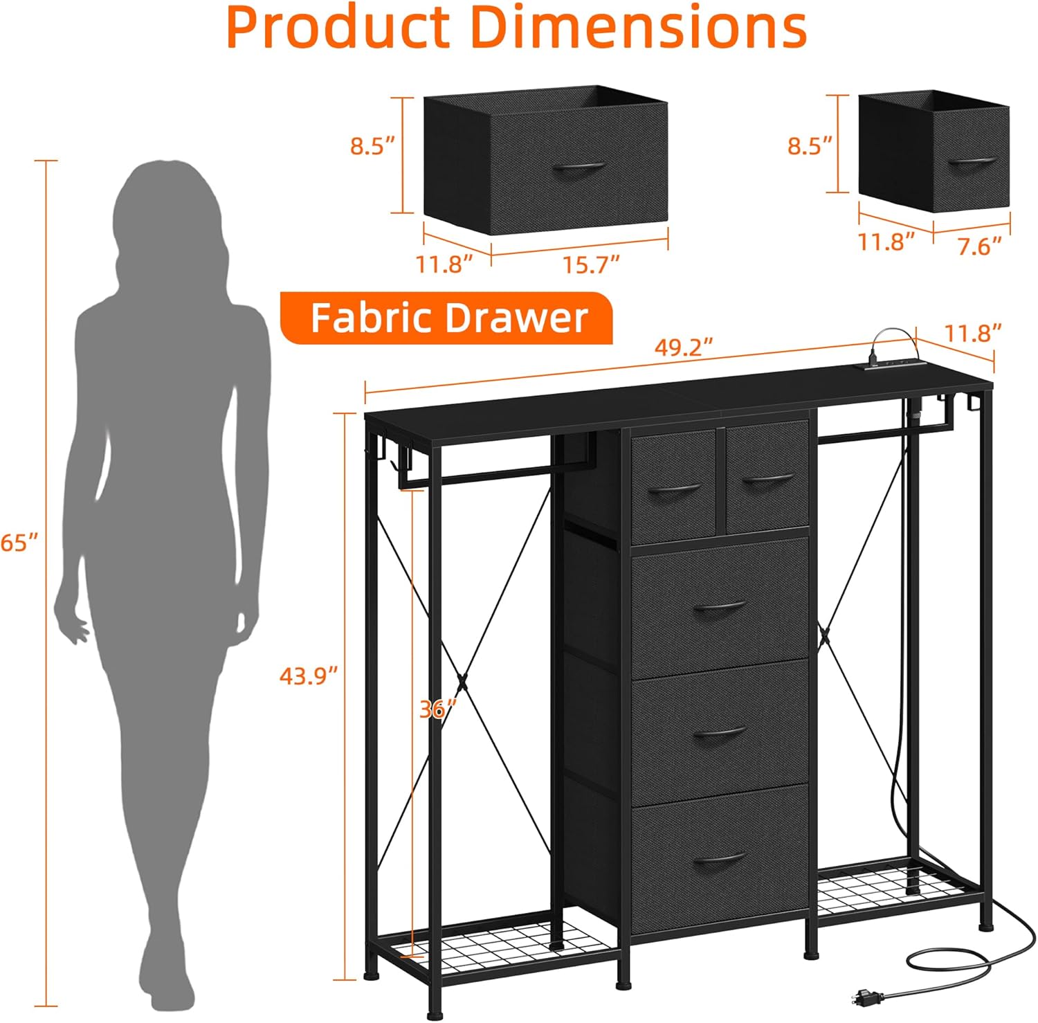 HIGDBFE 49.2u201DW Dresser with 2 Hanging Racks, 5 Drawers Dresser with LED Lights & Charging Station, Dressers with Clothes Rack, Shoe Racks and Side Hooks, TV Stand Chest of Drawers for Bedroom, Black