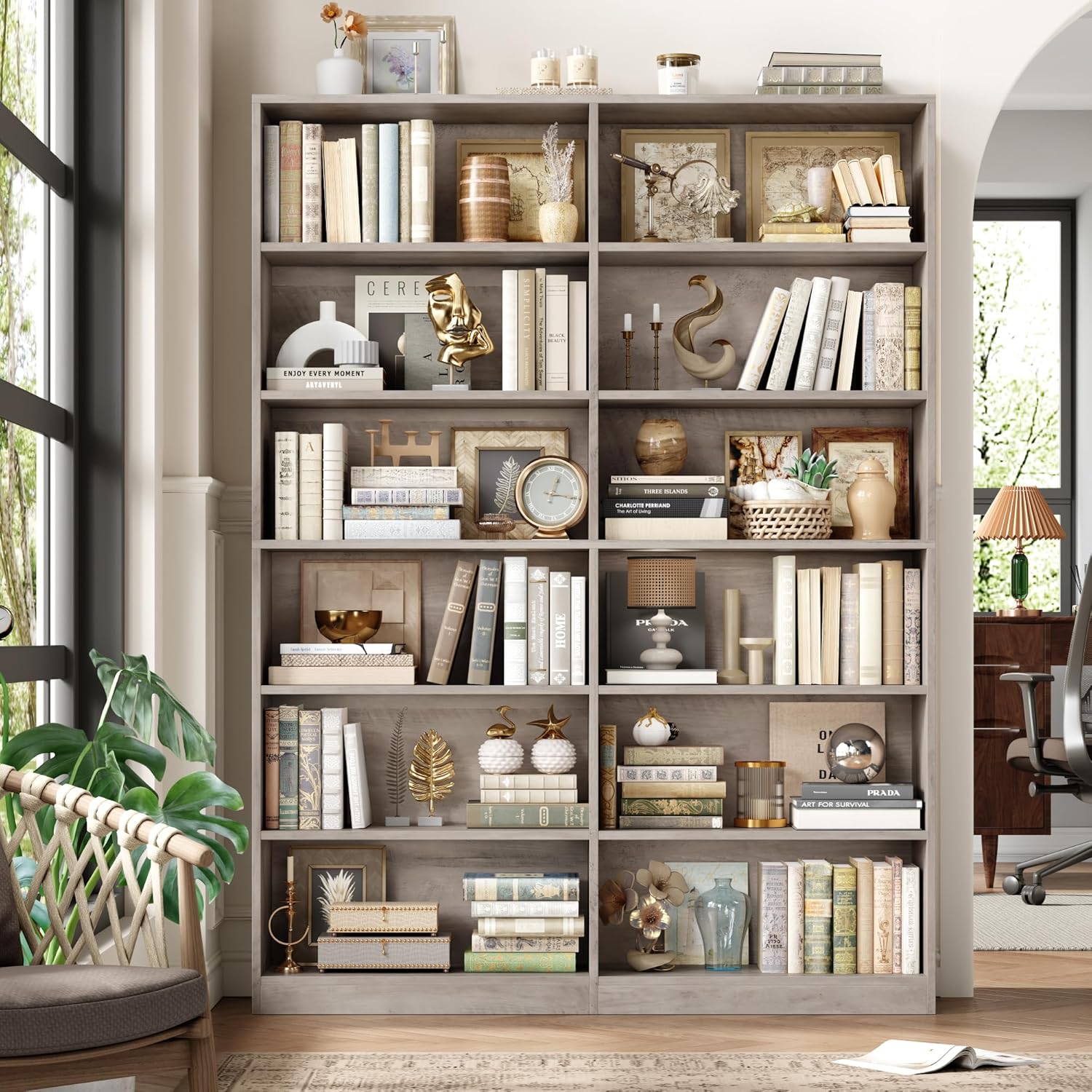 FACBOTALL Bookshelf and Bookcase, 6-Tier Double Wide Bookshelves, Freestanding Display Storage Shelves, Tall Bookcases for Home Decor Bedroom, Living Room, Home Office, Wash Gray