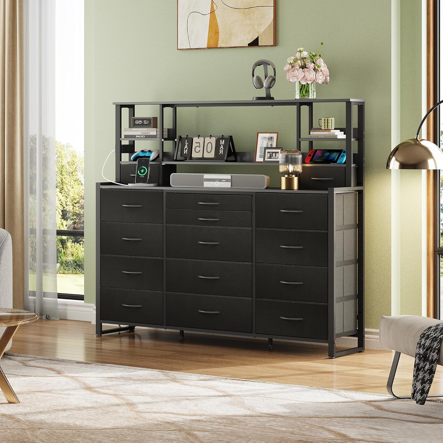 WLIVE Storage Organizer Unit with 15 Fabric Drawer & 5 Open Shelves, Tall Black Storage Drawers Organizer with Charging Station, Storage Tower Organizaton for Living Room, Hallway, Office