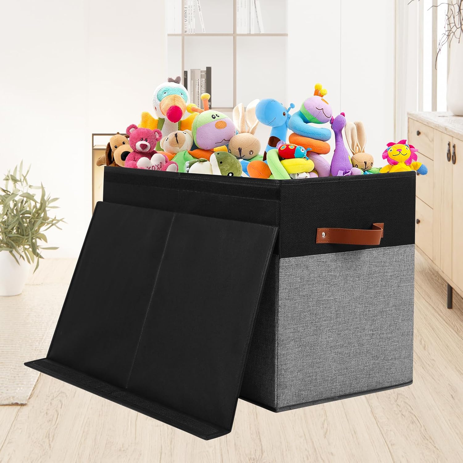 Gowee Large Toy Storage Box with Lid, Sturdy Toys Storage Chest Bin Organizer Basket with Dividers for Kids, Boys, Girls, Nursery, Closet, Bedroom, Playroom 25"x13" x16" (Black and Grey)