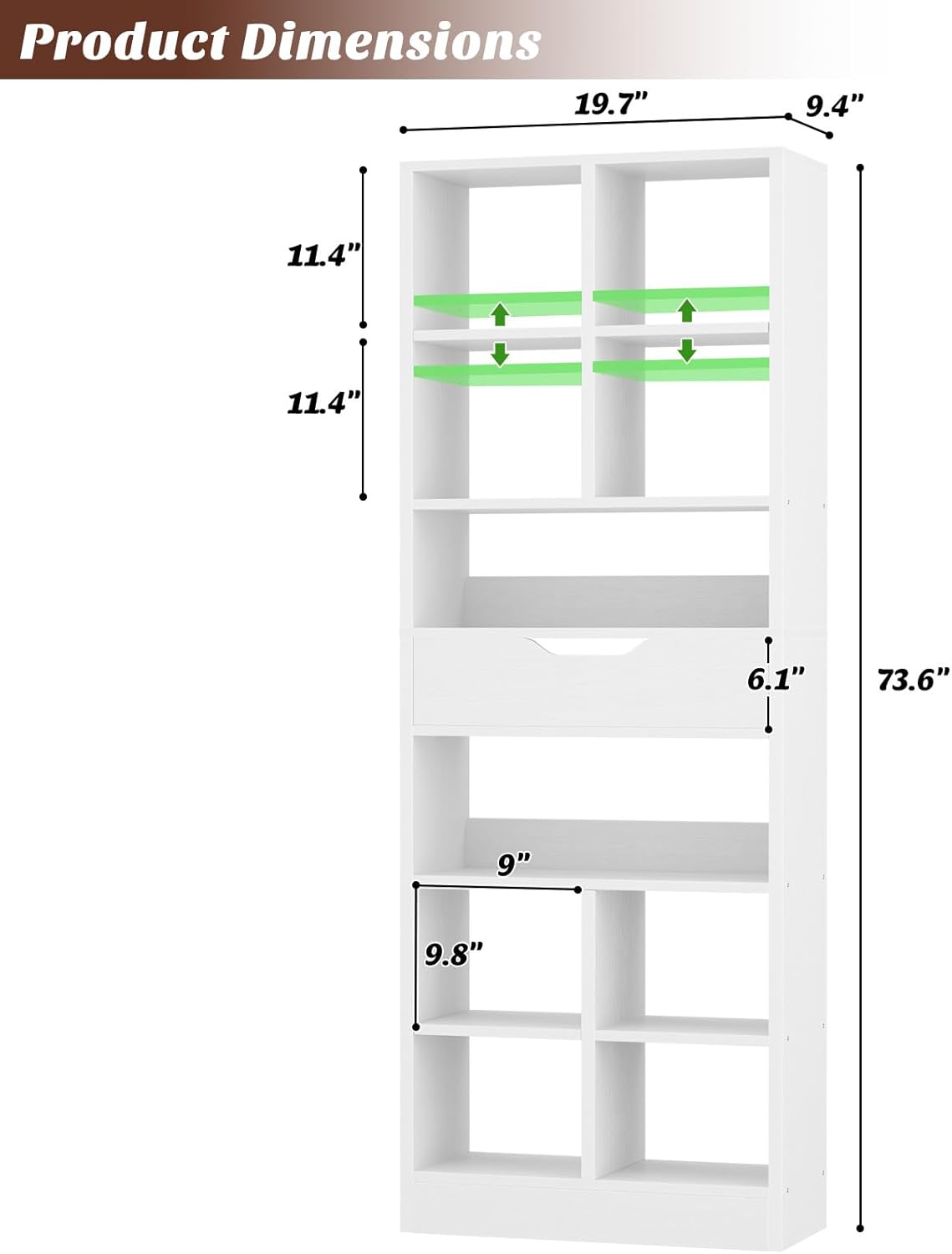 Armocity 8-Tier Book Shelf with Drawer, 73.6" Tall Bookcase and Bookshelf Modern Freestanding Open Display Shelves for Living Room Home Office, Bedroom, White
