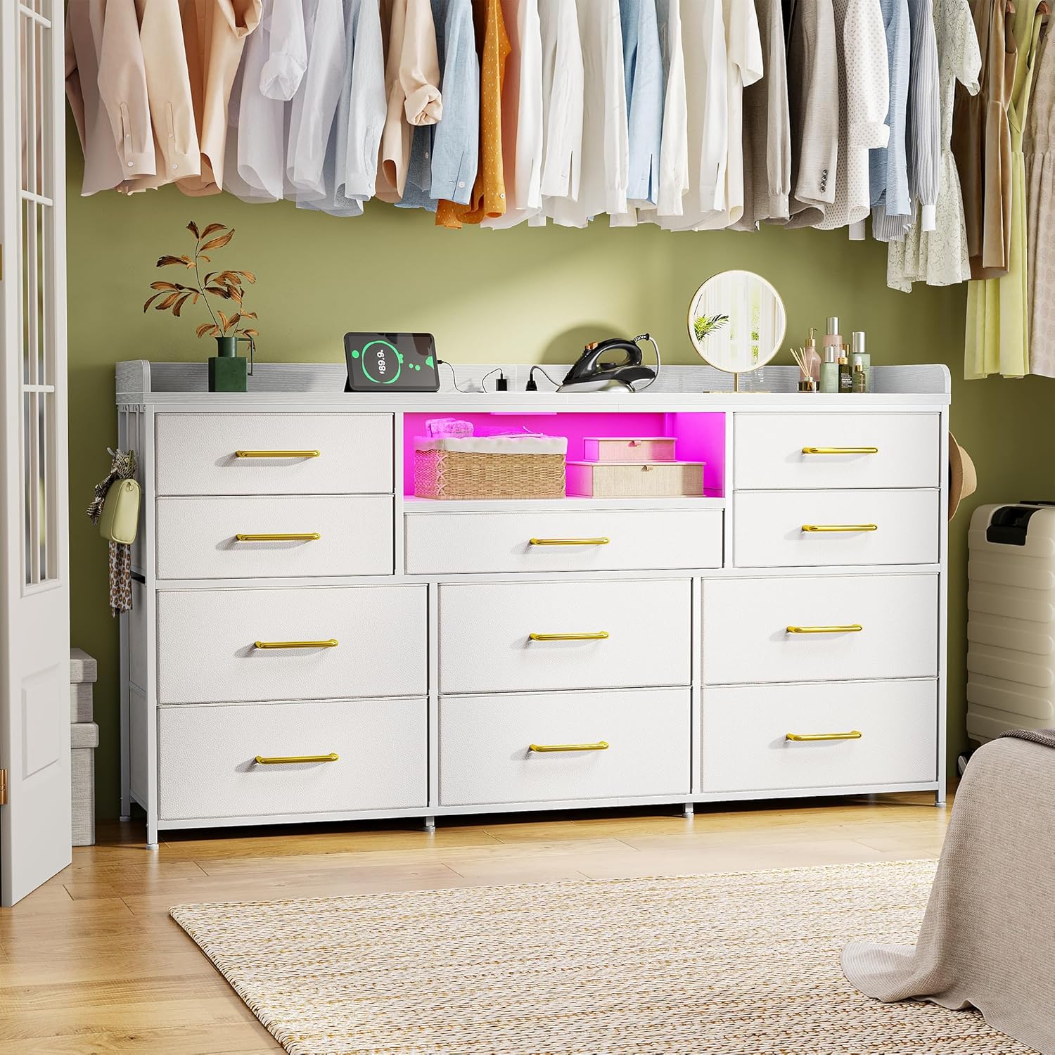 White Dresser for Bedroom with LED Lights & Charging Station & 4 Hooks 11 Drawer Dressers & Chests of Drawers Long Fabric Dresser TV Stand for 50 55 60 inch TV for Entryway 11.8"D x 47.2"W x 31.5"H